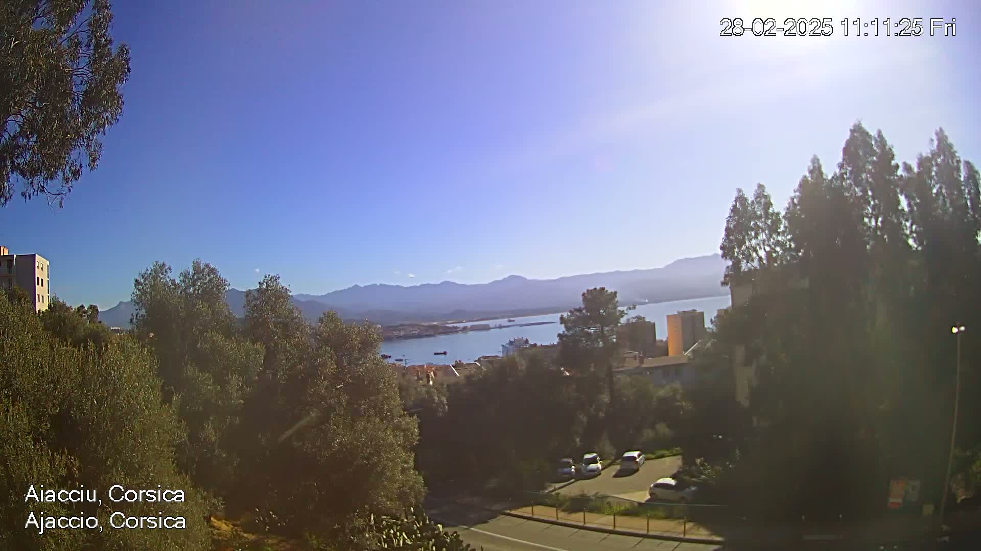 A sunny day overlooking a calm body of water, mountains in the distance, and a residential area with trees and buildings.