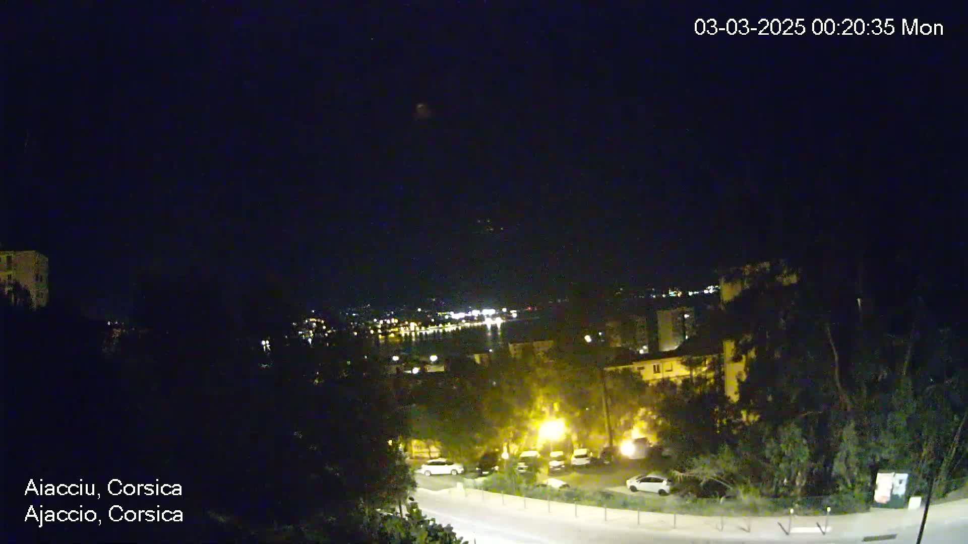 A nighttime view of a town or city overlooking a body of water under a clear, dark sky, with dimly lit buildings and cars visible.