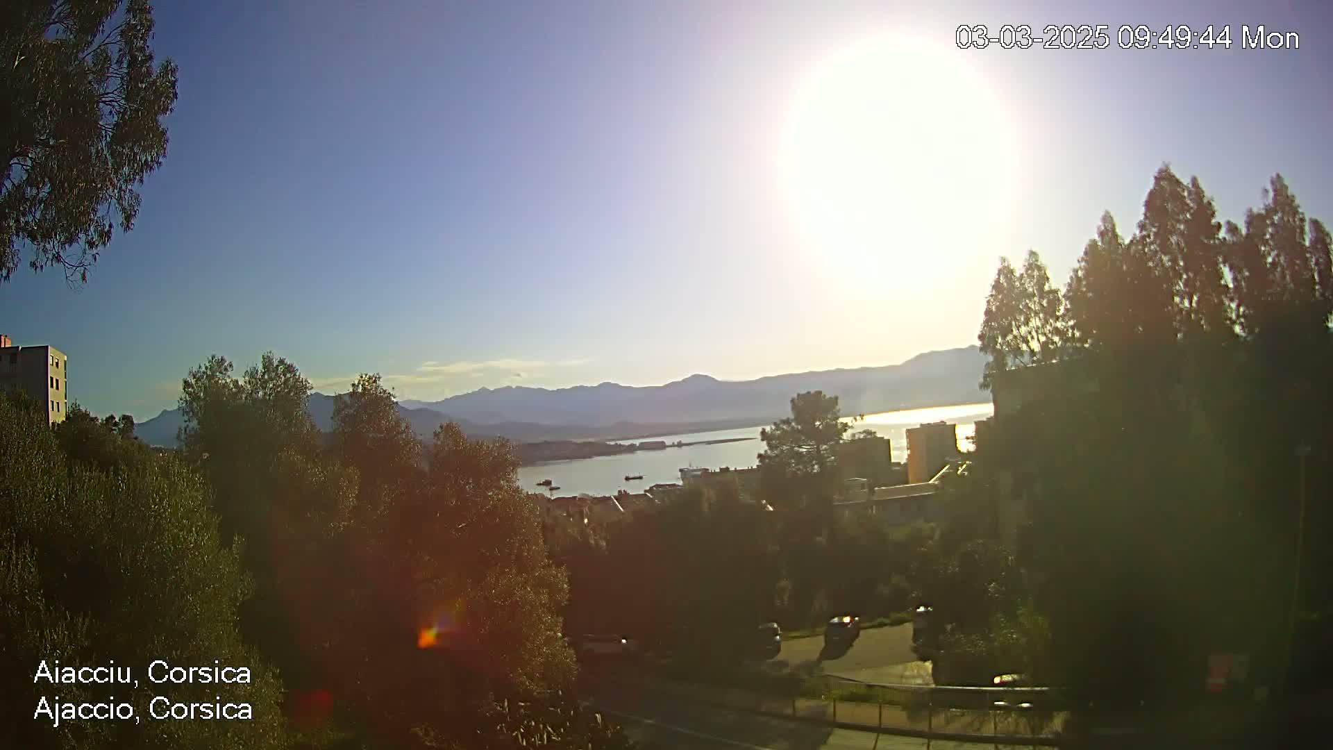 A sunny, clear day overlooks a harbor, with buildings, trees, and distant mountains visible.