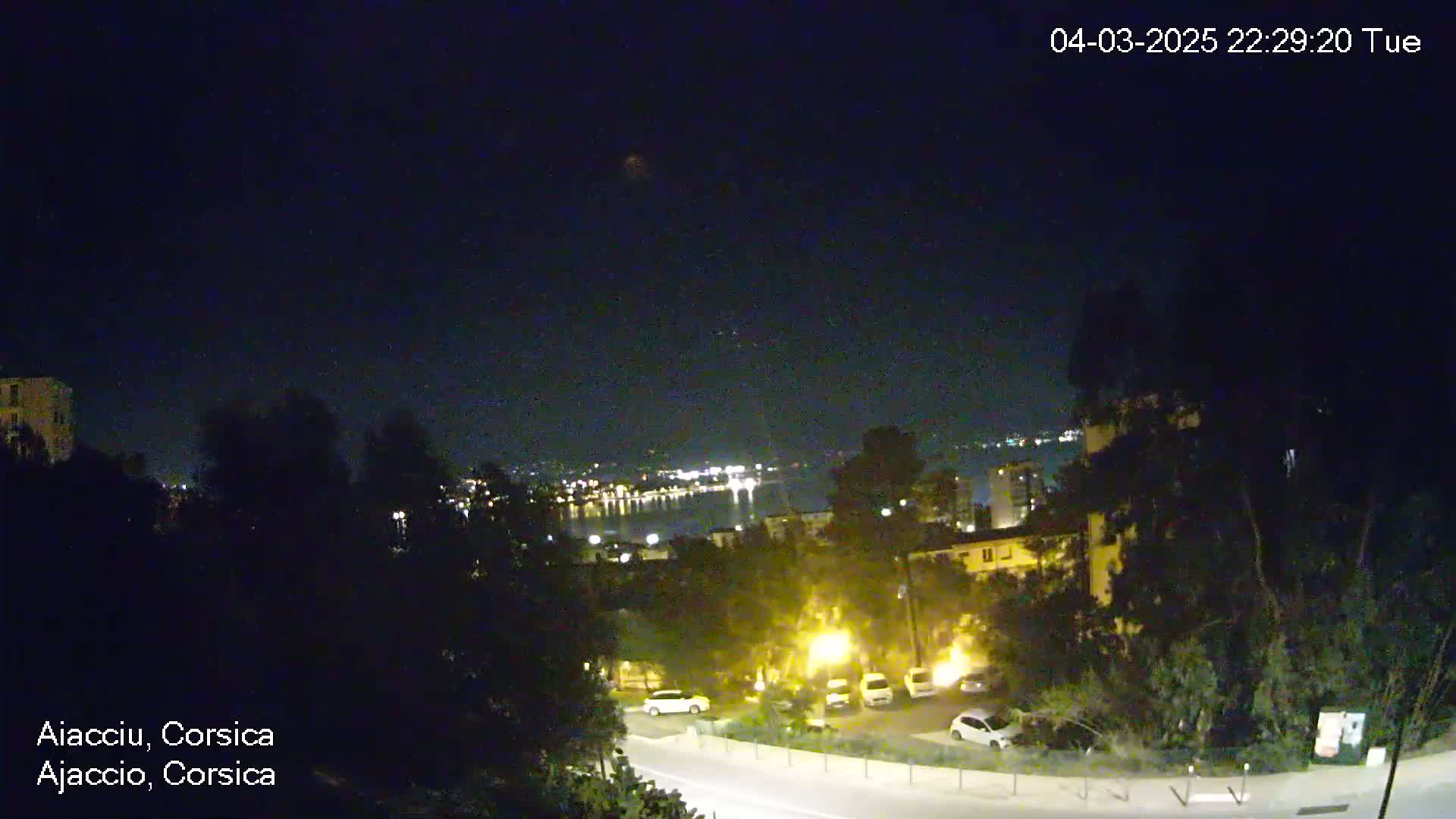 A nighttime view of a city overlooking a body of water with city lights visible in the distance under a clear sky.