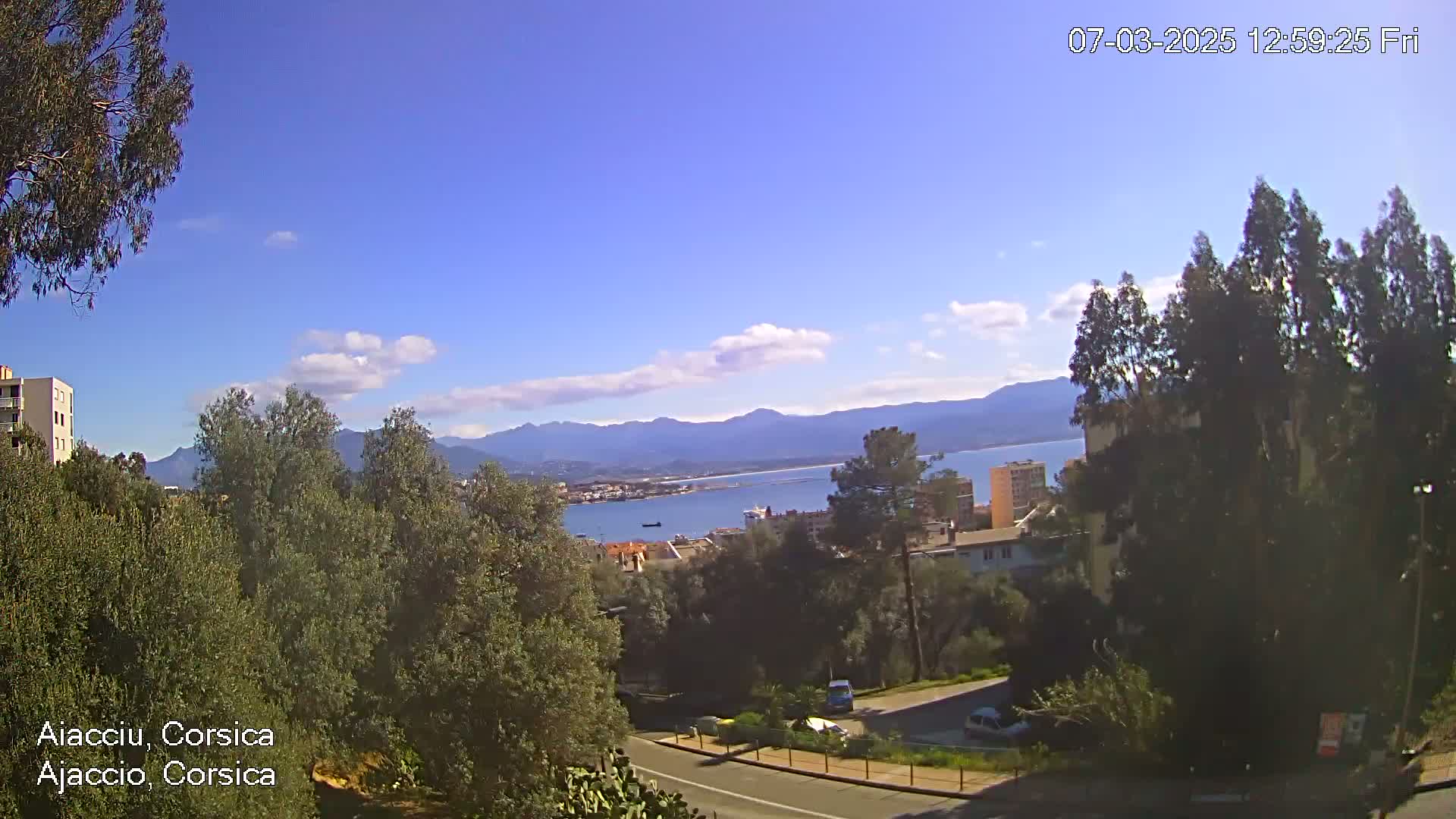 A partly cloudy blue sky overlooks a coastal town nestled amongst green trees and mountains, with a calm body of water visible in the distance.