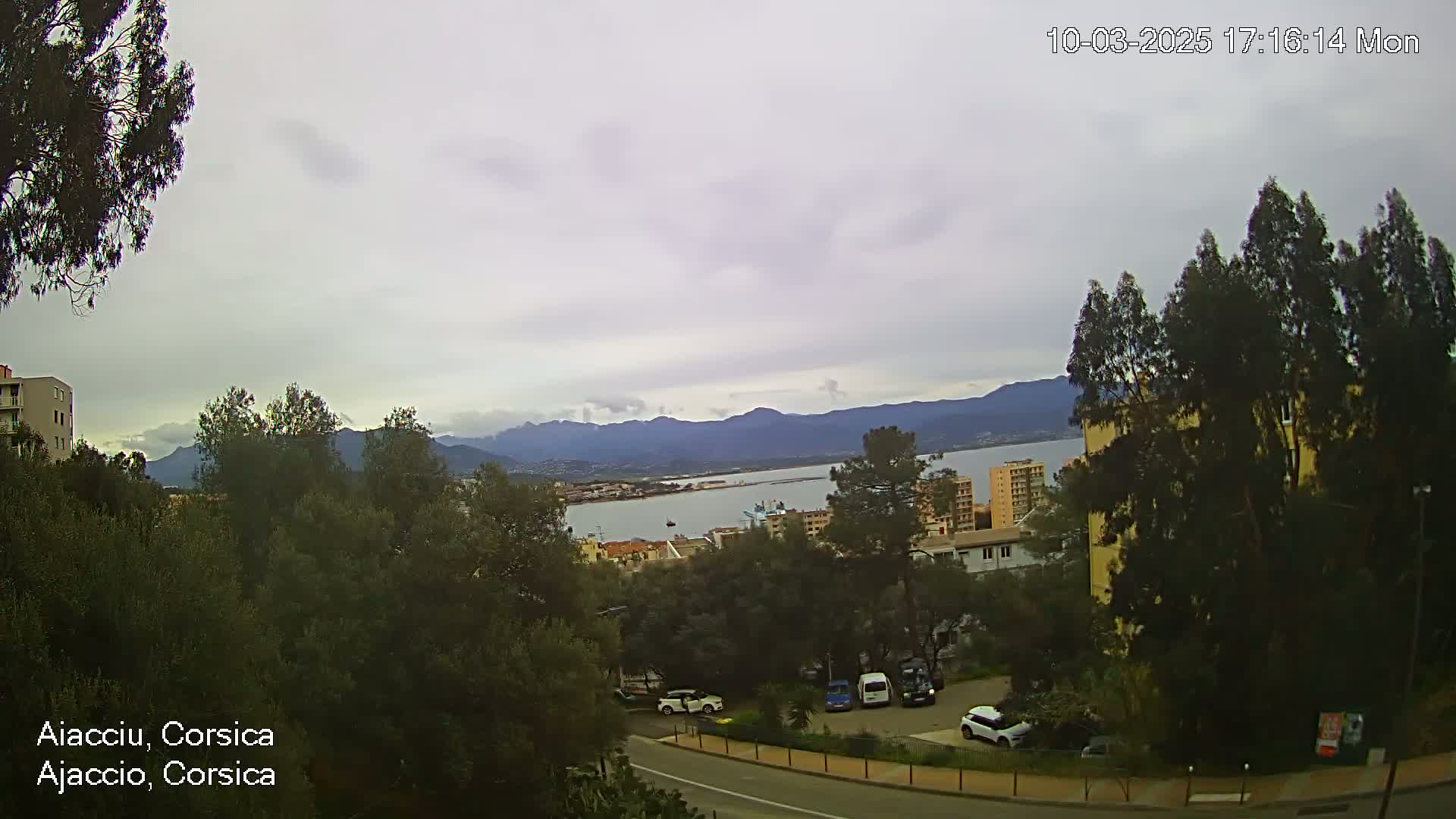 A view of a coastal town with overcast skies and mountains in the distance, showing a road with parked cars and numerous trees and buildings.