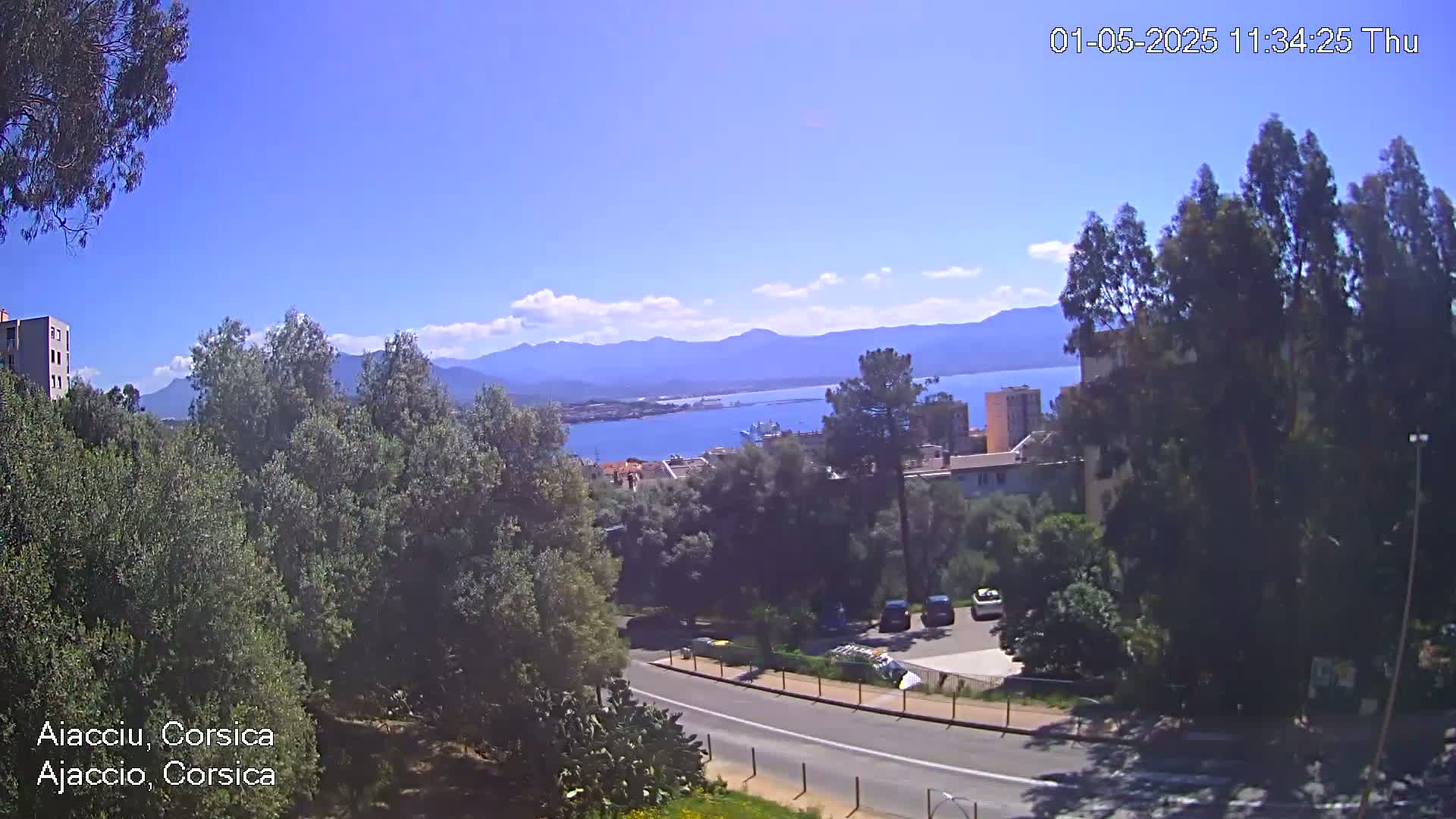 A sunny day reveals a coastal town nestled among lush greenery, overlooking a calm bay and distant mountains.