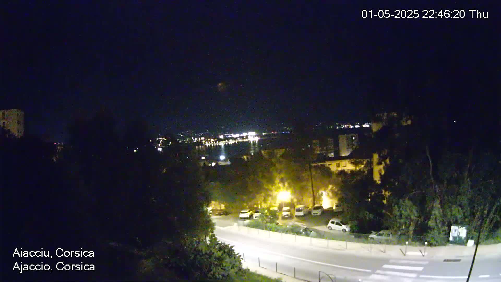 A nighttime view of a road curving through a residential area with parked cars, illuminated buildings, and dark trees, overlooking a body of water with distant city lights under a clear, dark sky.