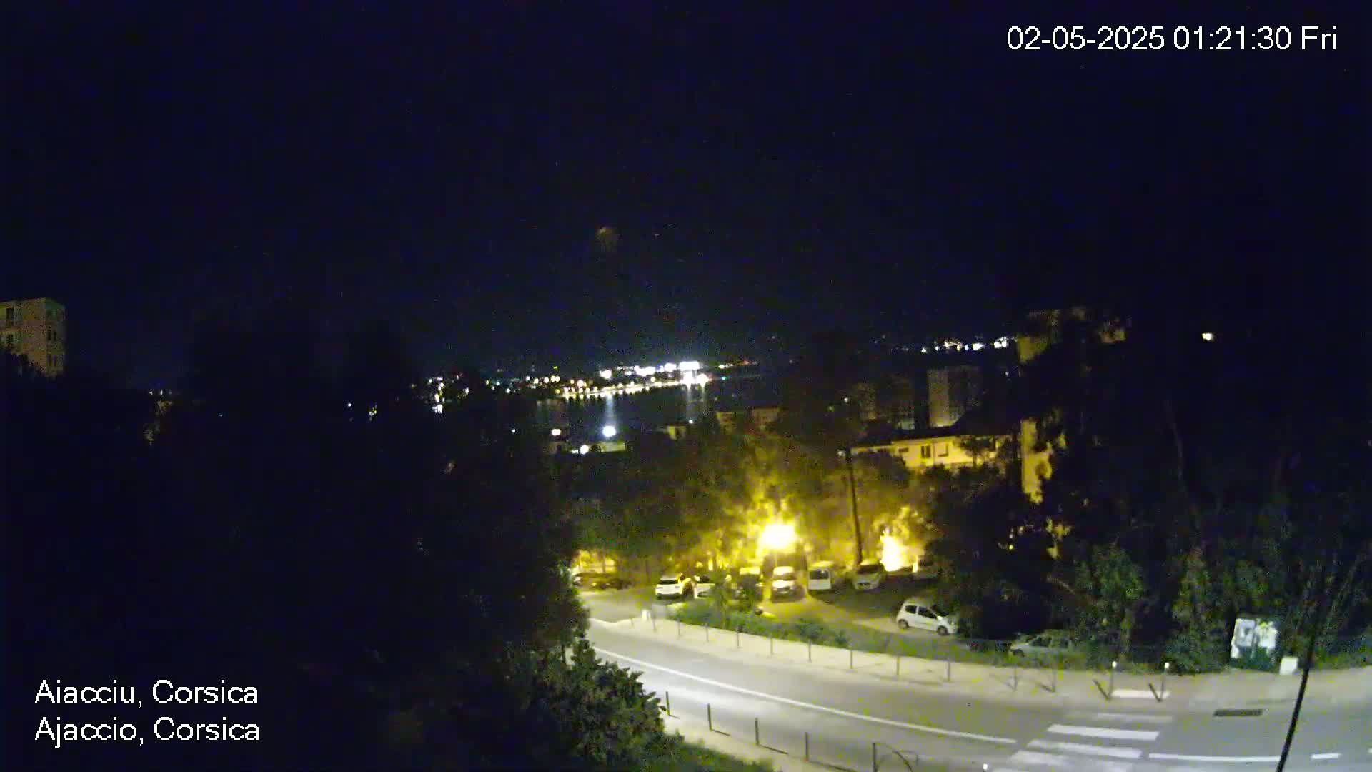 A nighttime, long shot of a city road with parked cars, bordered by trees and buildings, overlooking a dark body of water with faint lights across it.