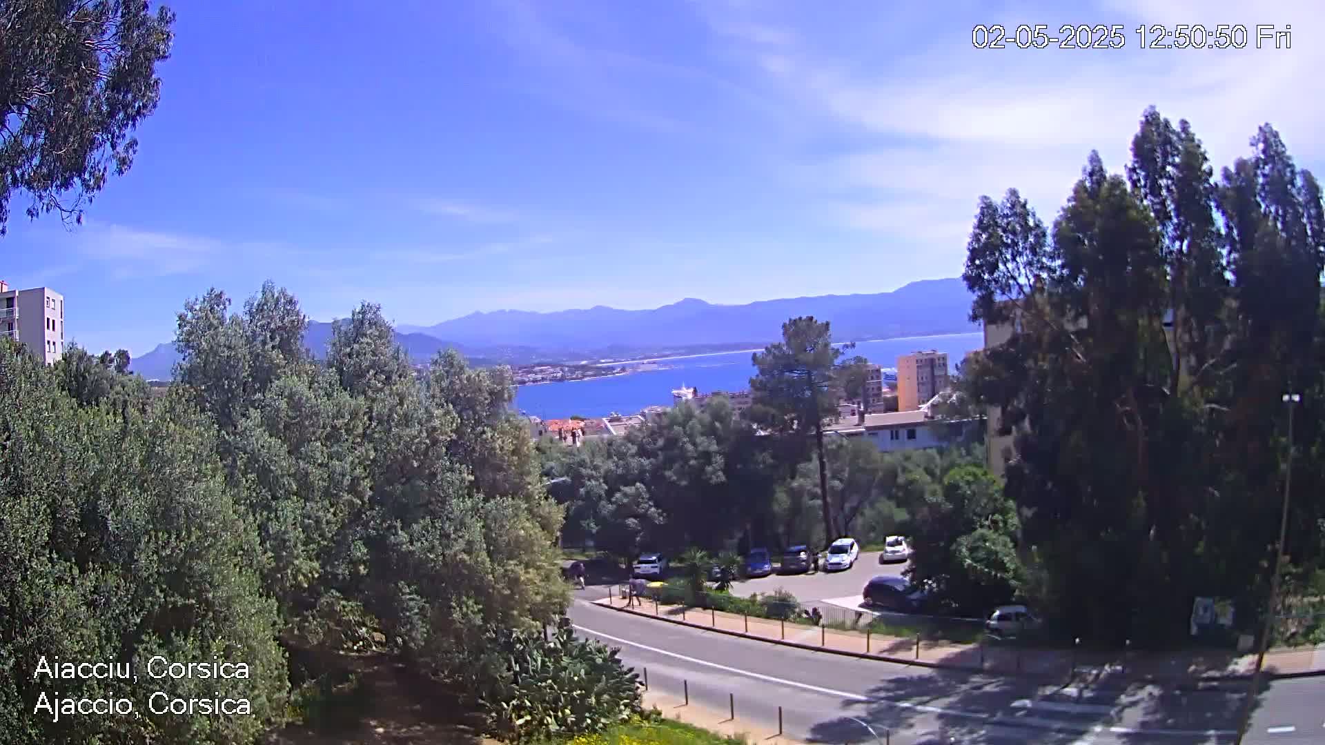 A sunny, clear-day view overlooking a coastal city with a calm body of water, mountains in the distance, and a road below with parked cars.