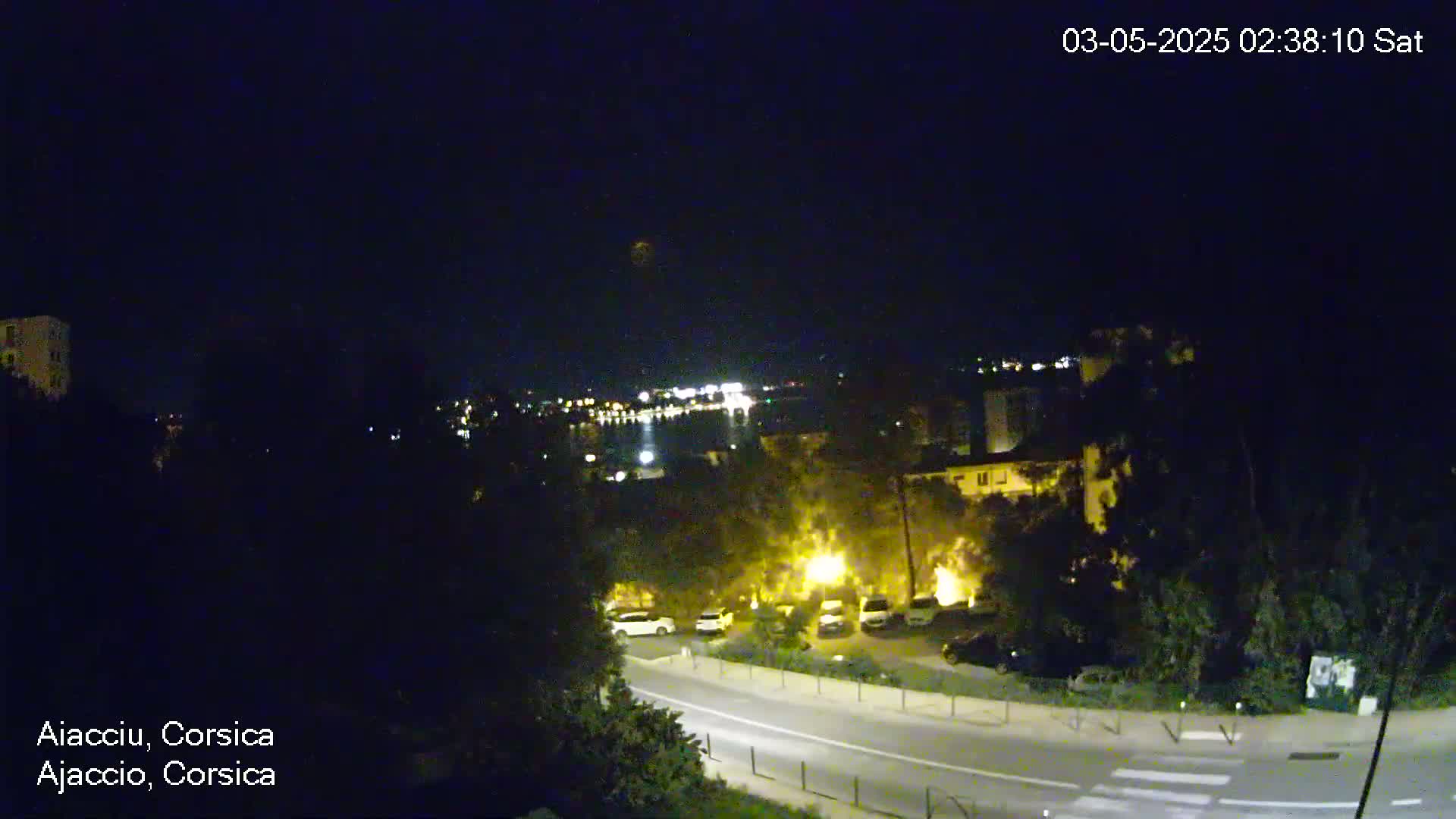 A night-time, high-angle view shows a city street illuminated by streetlights, bordered by trees and buildings, with a body of water visible in the distance under a clear, dark sky.