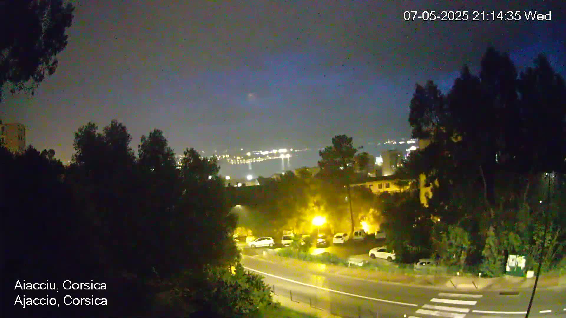 A nighttime view of a city street with parked cars, illuminated by streetlights, overlooking a body of water with distant lights under a dark, slightly hazy sky.