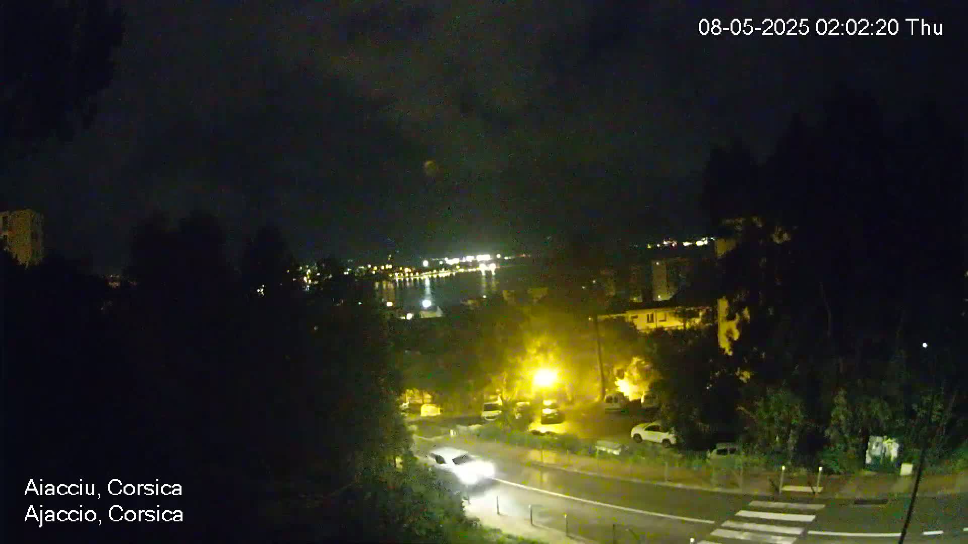 A nighttime, possibly wet, street scene shows a car driving on a road with parked cars, buildings, and trees, overlooking a body of water with lights in the distance.