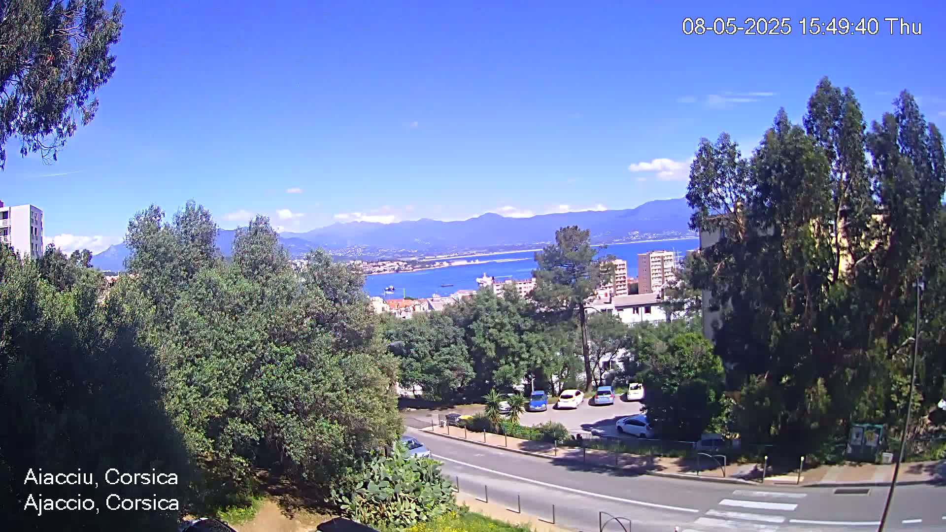 A sunny coastal city scene shows a road winding through lush green vegetation toward a body of water with distant mountains under a clear blue sky.
