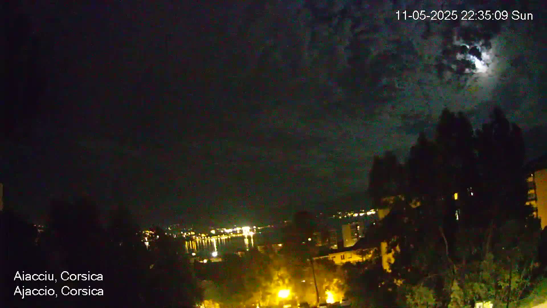 A nighttime view of a city near a body of water under a partly cloudy sky with a bright moon.