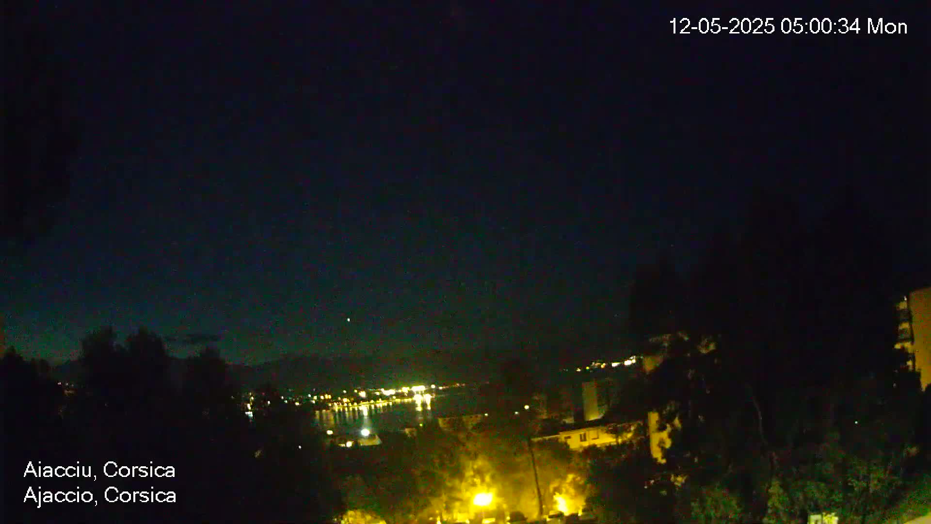 A nighttime view shows a body of water with lights on the opposite shore, partially obscured by dark trees and buildings in the foreground under a clear, dark sky.
