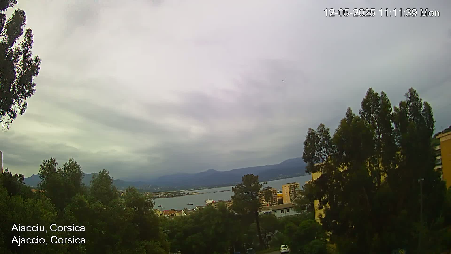 An overcast sky overlooks a coastal town nestled amongst green trees and mountains, with a body of water visible in the distance.