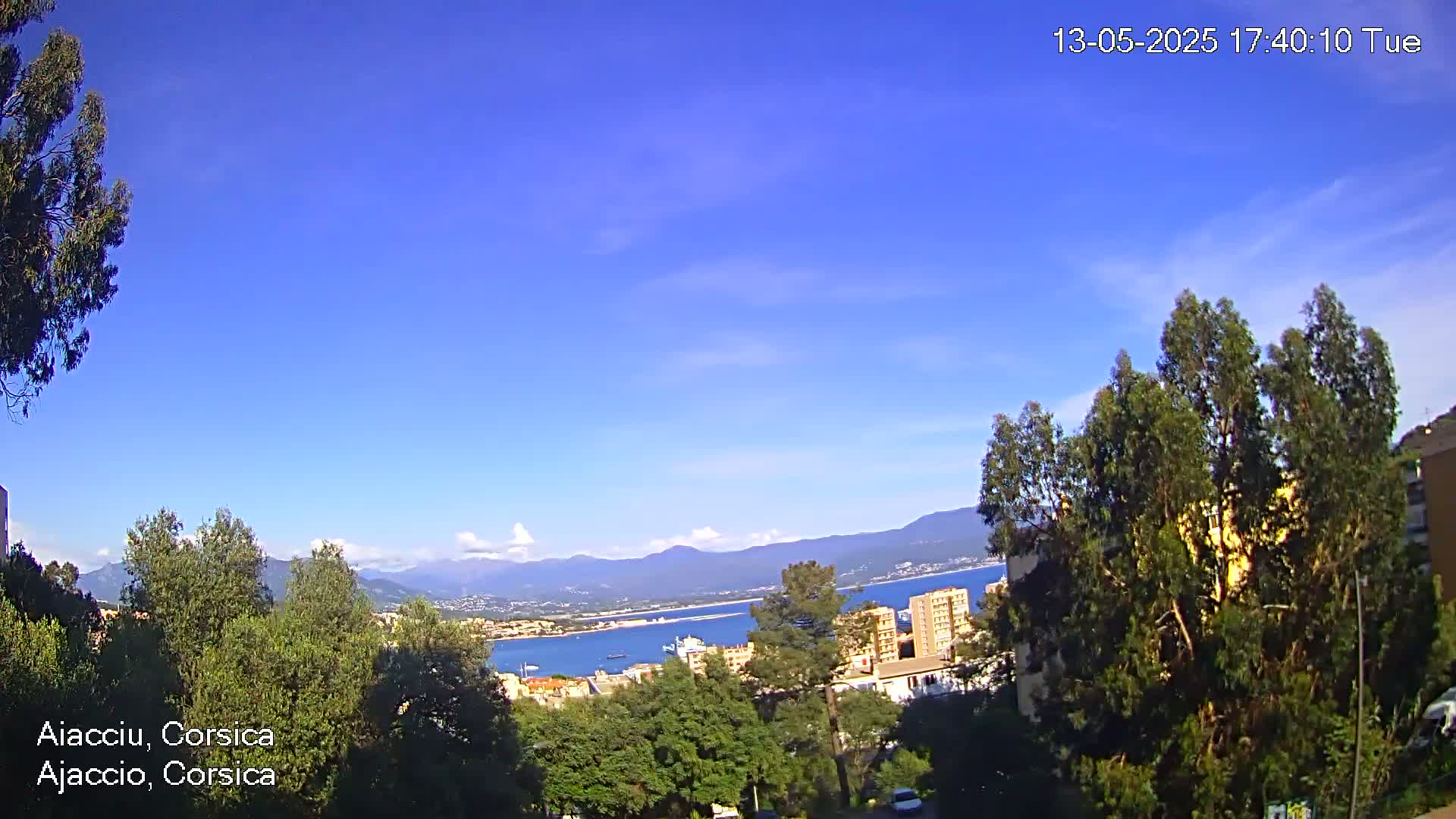 A coastal city with a clear blue sky and distant mountains is visible from a vantage point amidst green trees.