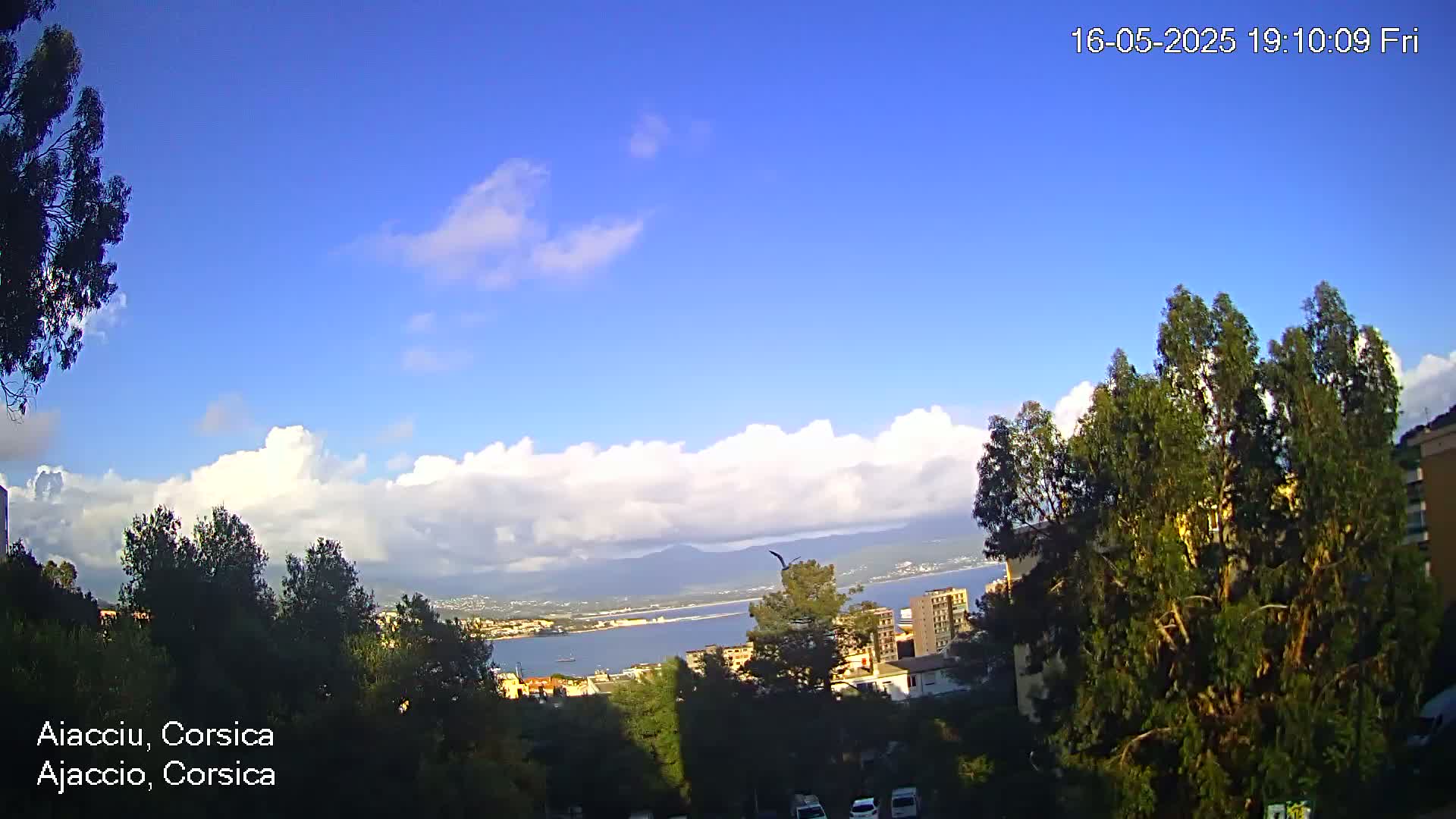 A partly cloudy blue sky overlooks a coastal city, with a body of water and distant mountains visible in the background.