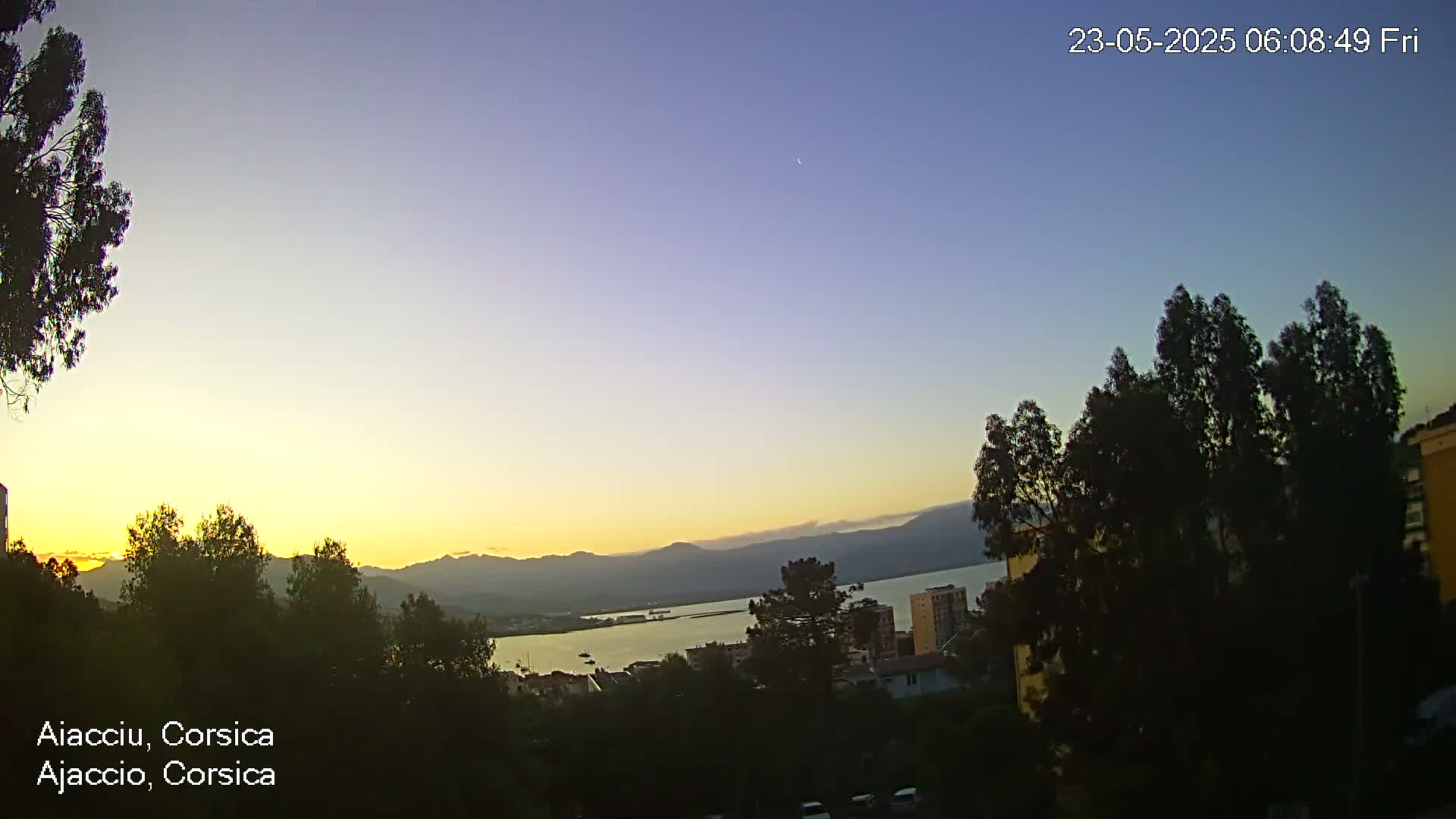 A calm sunrise over a body of water, with a view of distant mountains and silhouetted trees in the foreground.
