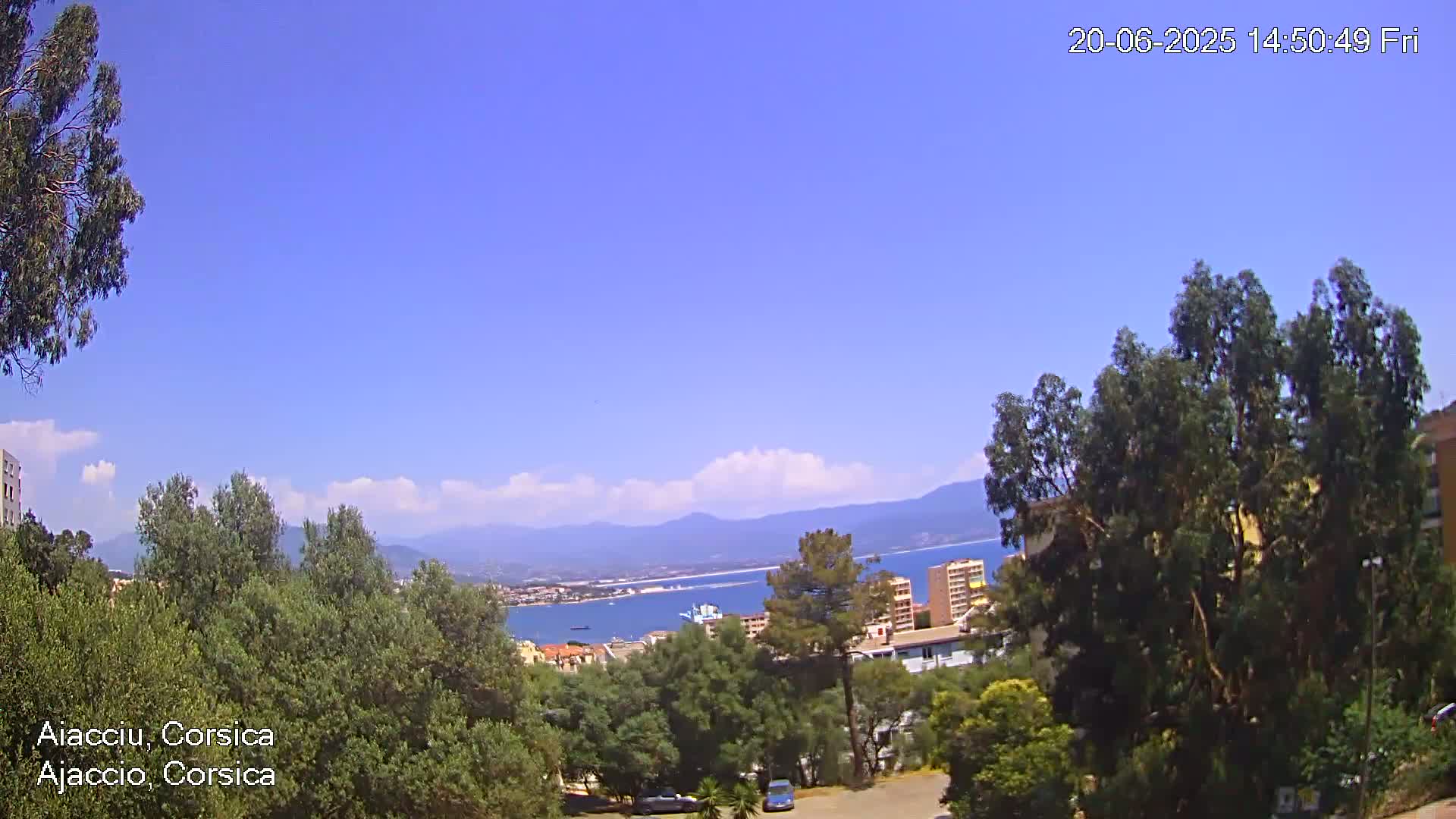 A coastal view on a mostly sunny day shows green trees and buildings overlooking a calm body of water with mountains in the distance.