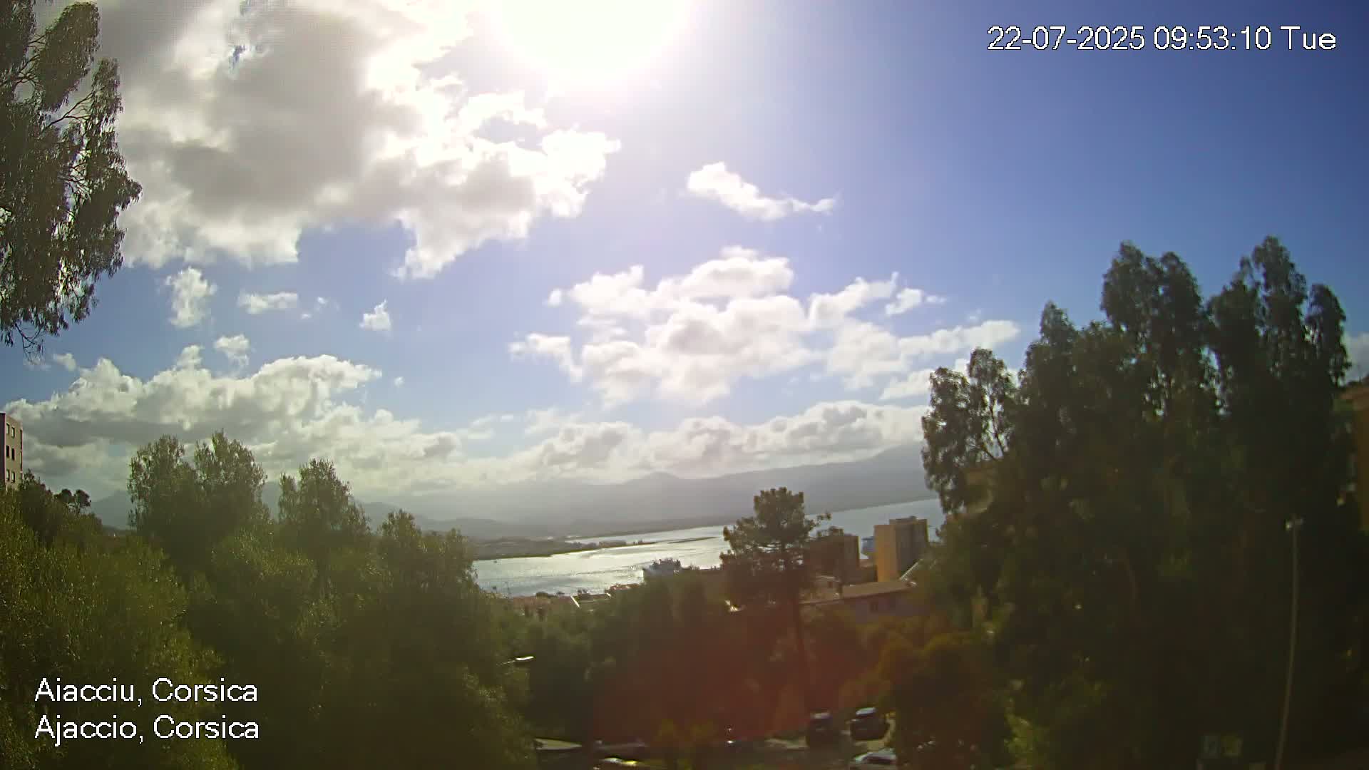 A partly sunny day with scattered clouds overlooks a body of water and distant mountains, with green trees and buildings in the foreground.