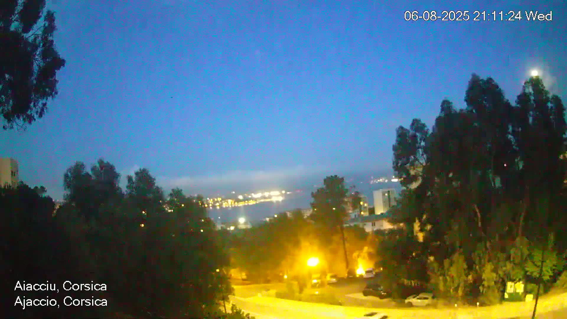 A nighttime view of a city across a body of water, seen from a hilltop overlooking trees and illuminated roads under a clear, twilight sky.