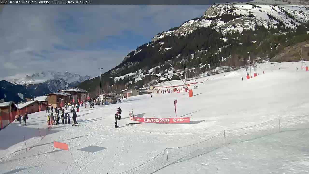 A snow-covered ski slope with skiers and snowboarders, several buildings, and a mountain range in the background under a mostly sunny sky.