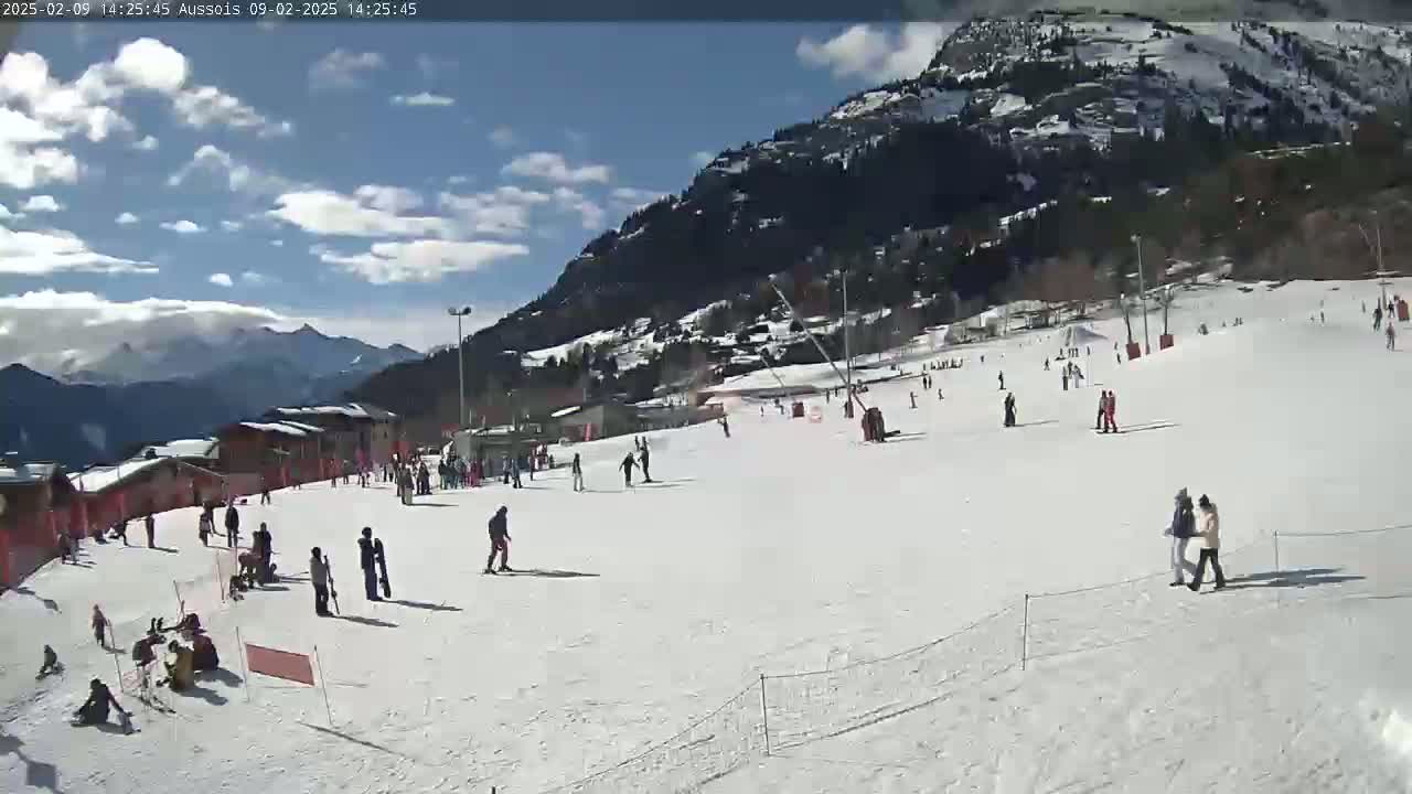 A snow-covered ski slope with skiers and snowboarders, under a partly cloudy sky, is situated against a backdrop of snow-capped mountains and a wooded hillside.