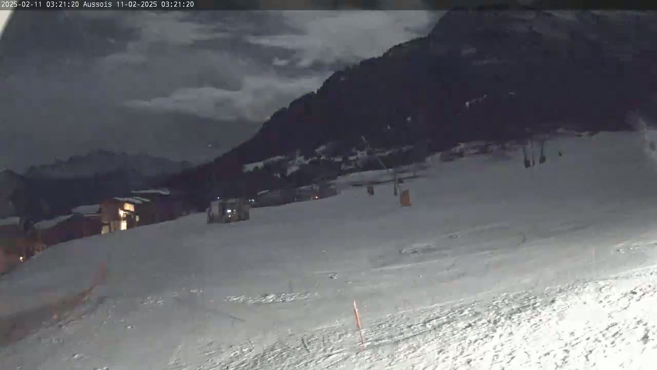 A snow-covered ski slope at night, under a partly cloudy sky, with buildings and ski lifts visible in the distance.
