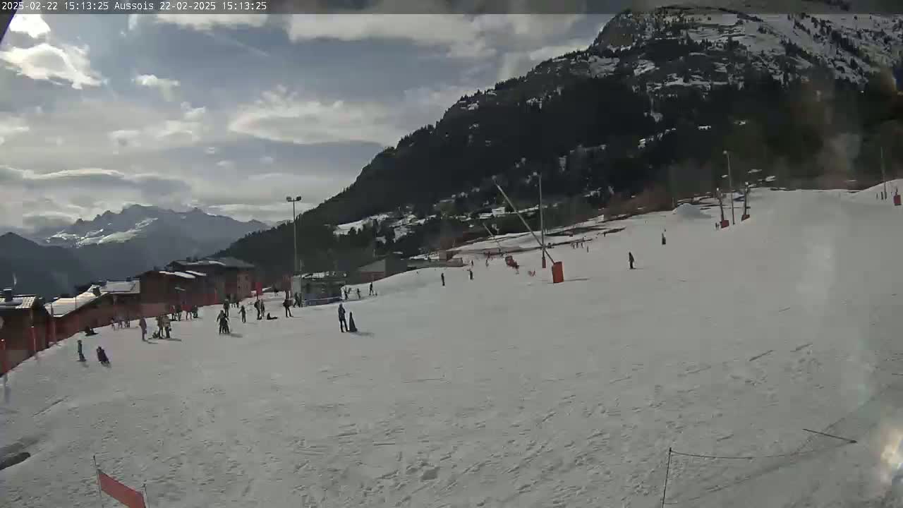 A snowy ski slope with scattered skiers and snowboarders is visible beneath a partly cloudy sky, with mountains in the background.