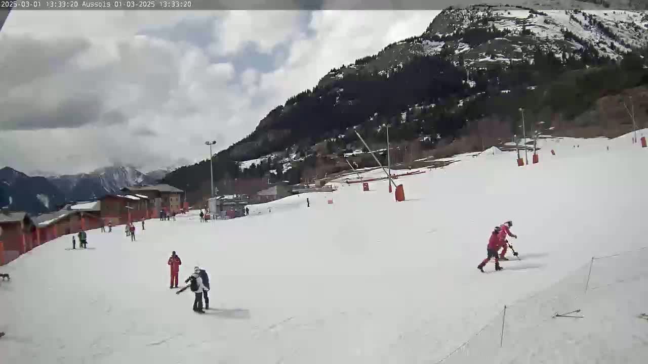 A snowy ski slope with several skiers and snowboarders, under a partly cloudy sky, is nestled against a mountainside covered in dark evergreens.