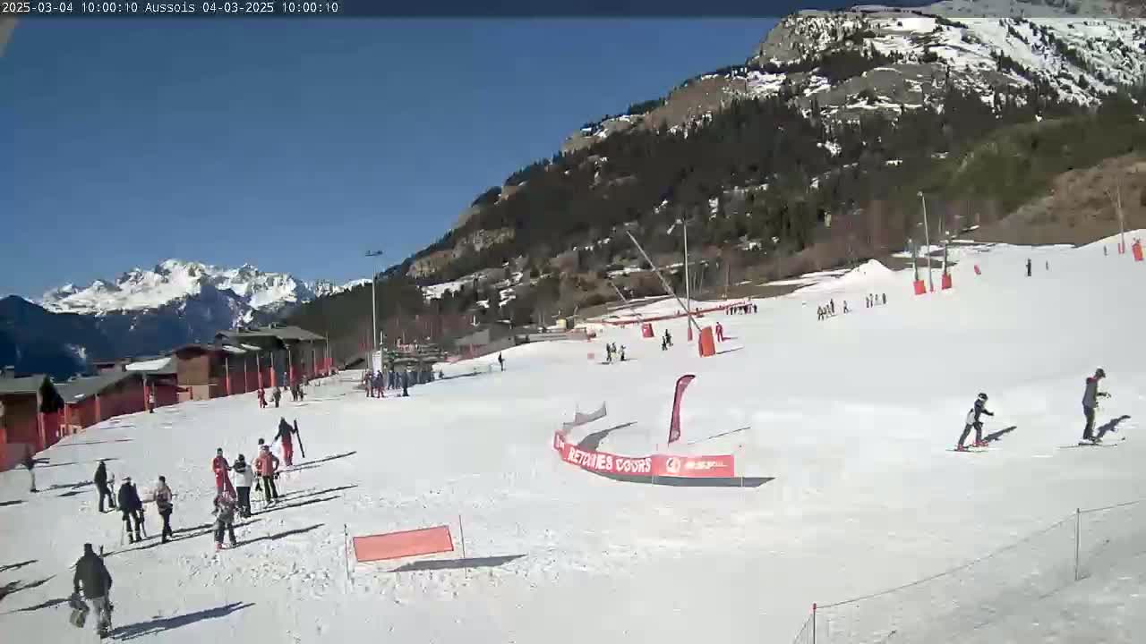 A sunny day at a snow-covered ski resort in the mountains, with several skiers and snowboarders visible on the slopes.