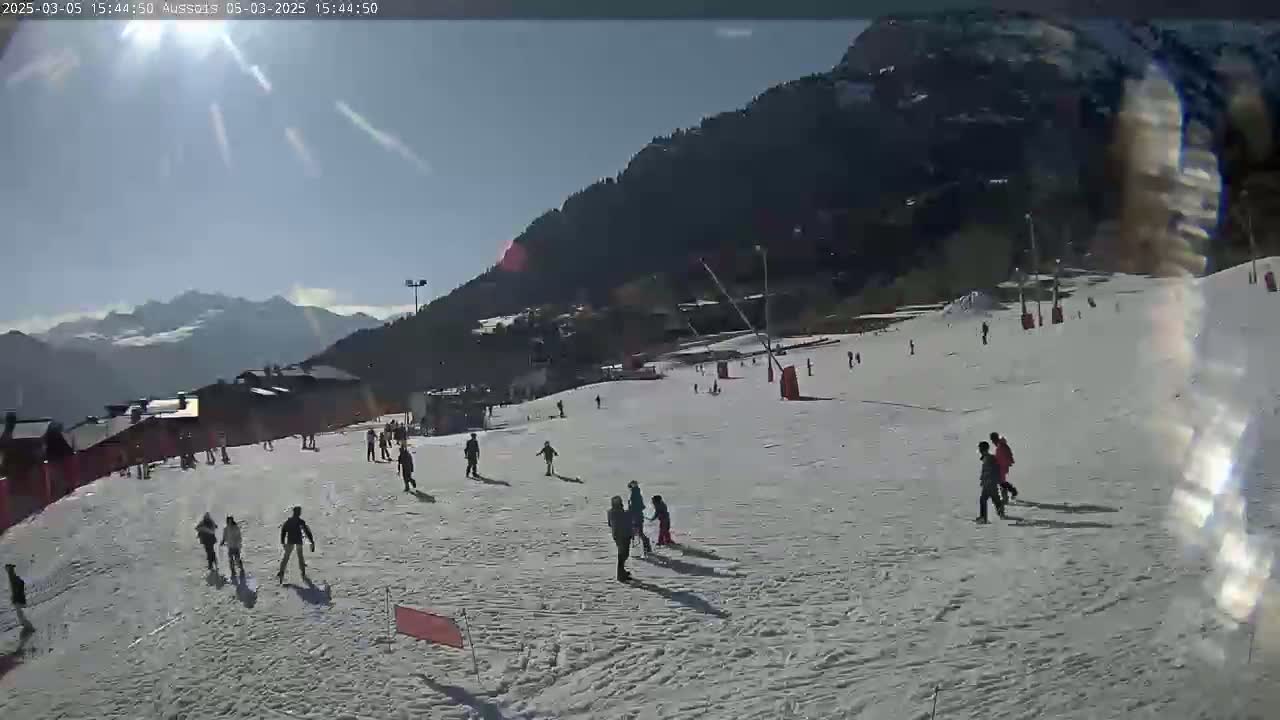 A sunny day at a snow-covered ski resort shows skiers and snowboarders on a slope with mountains in the background.