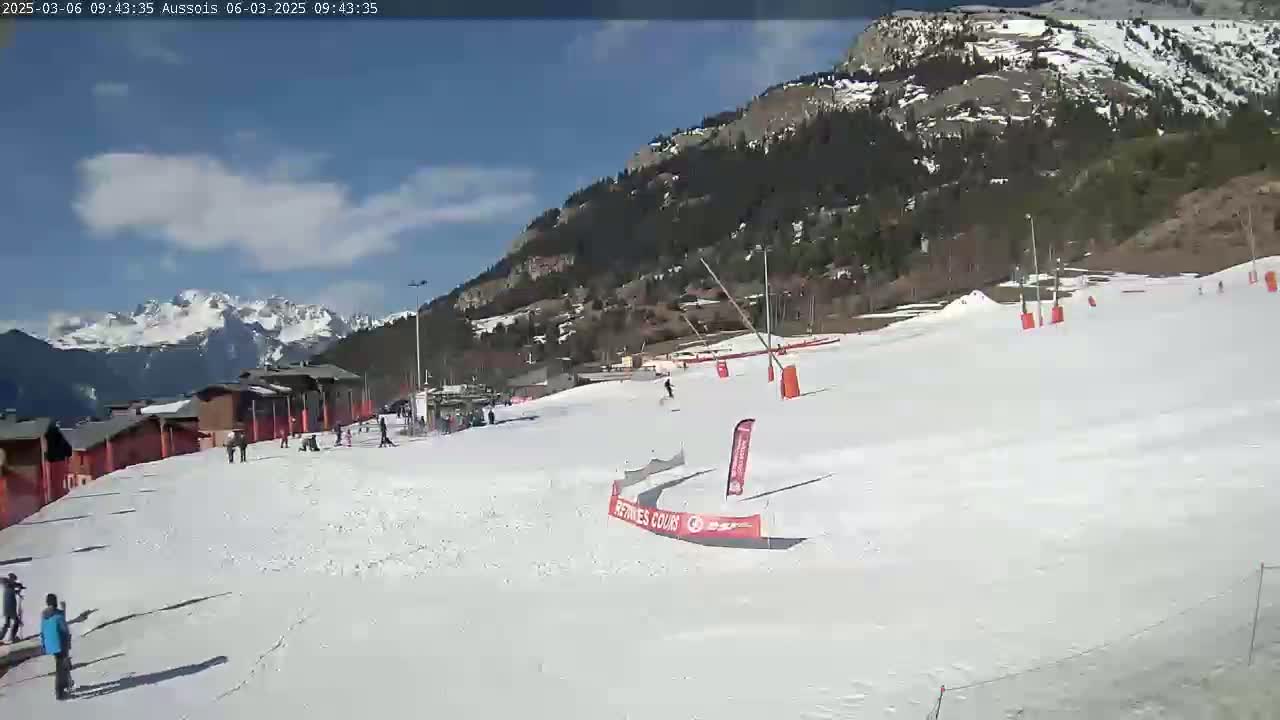 A snowy ski slope with several skiers and snowboarders, buildings, and a mountain backdrop under a mostly sunny sky.