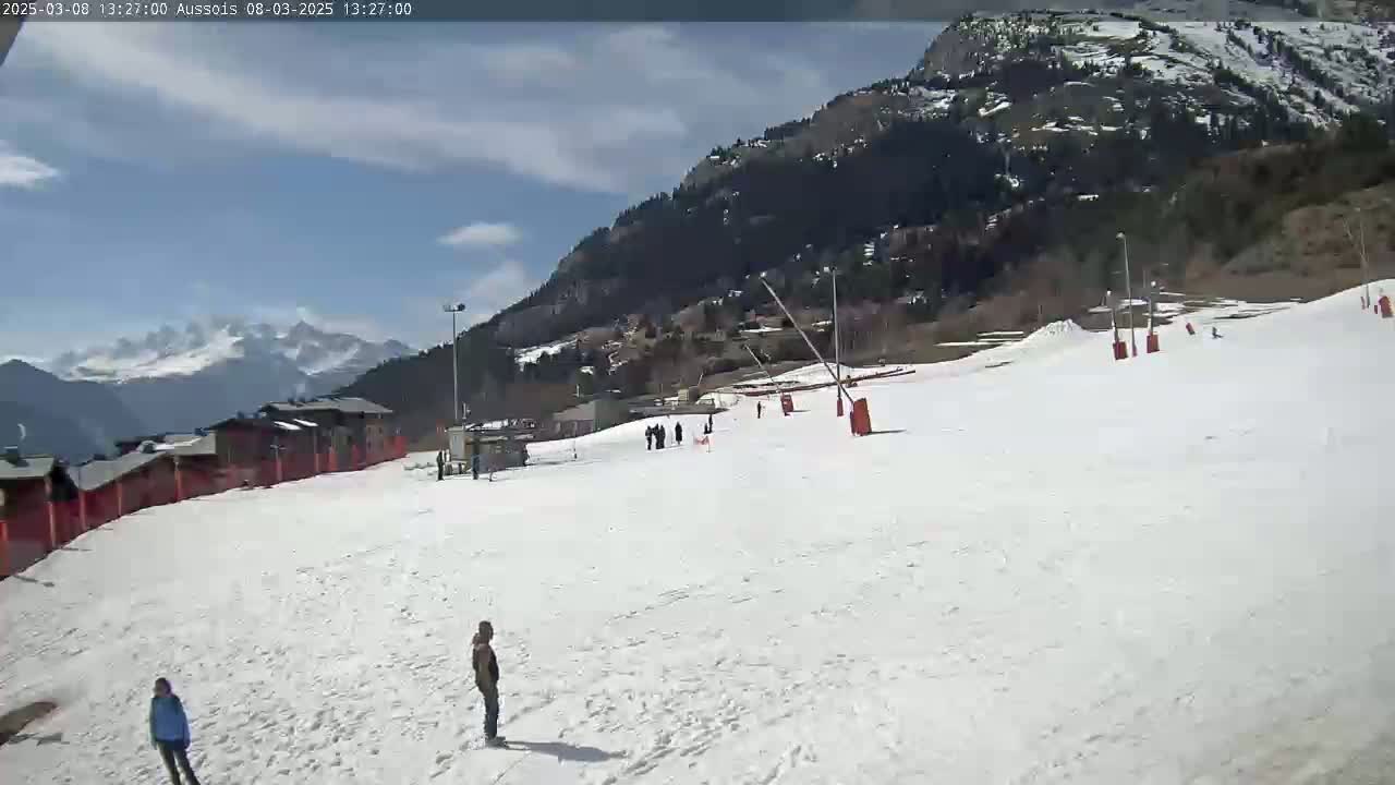 A snow-covered ski slope with a few people visible, set against a backdrop of mountains under a partly cloudy sky.