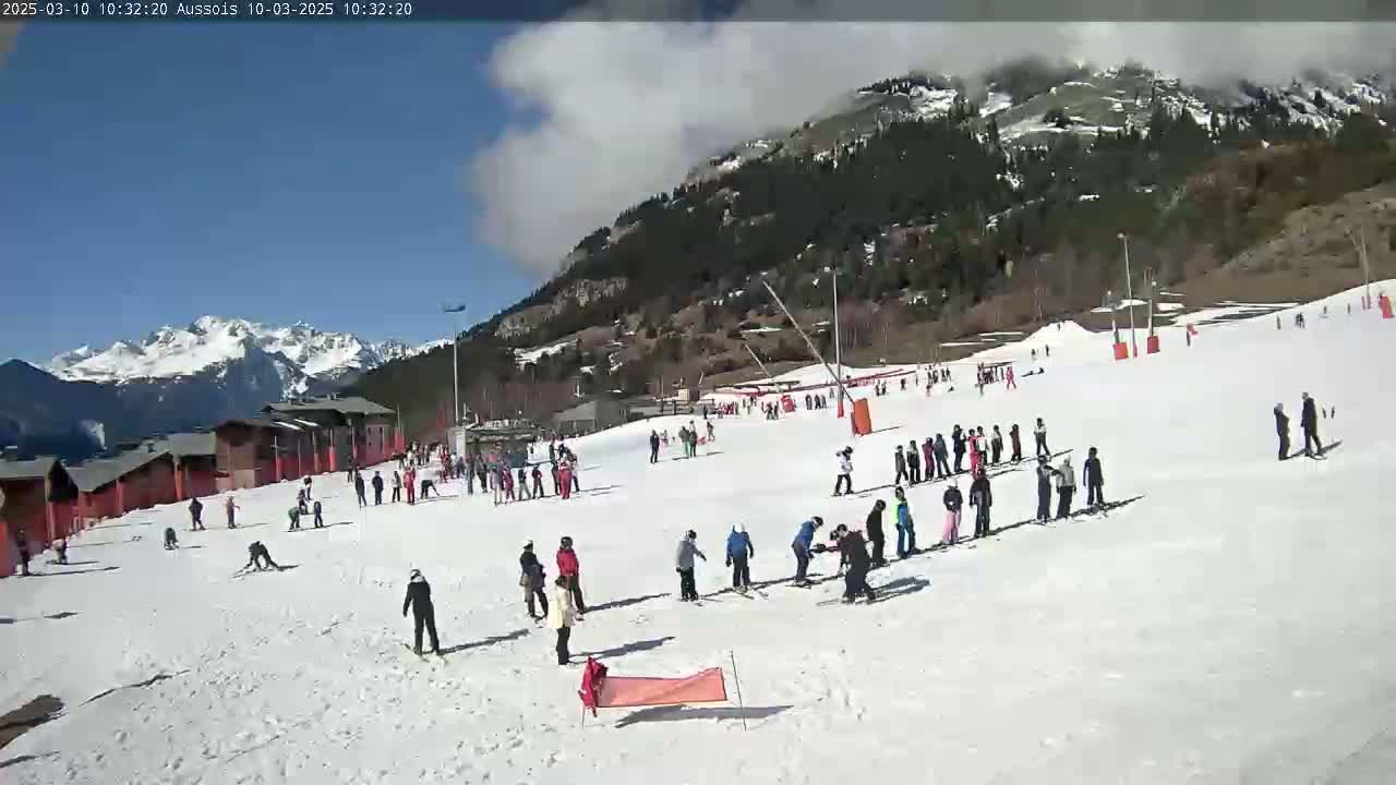 A snowy ski slope with many skiers and snowboarders, some buildings, and a mountain range in the background under partly cloudy skies.