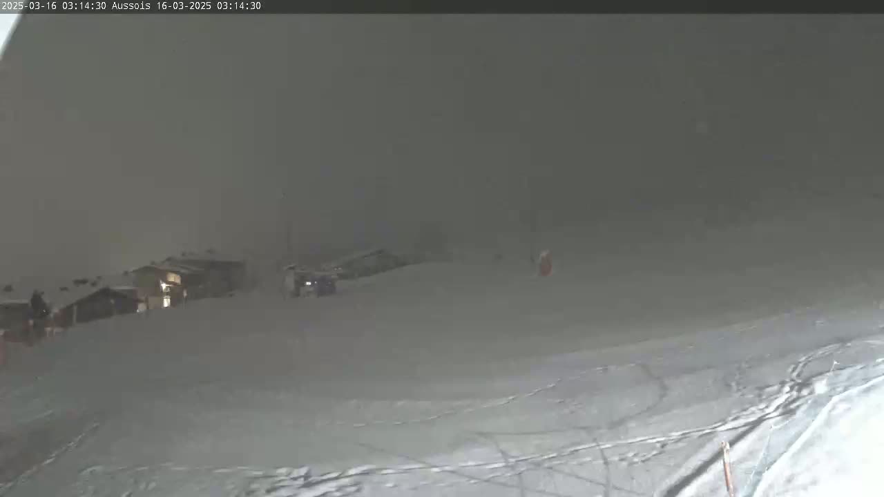 A snow-covered landscape with a few buildings visible in the distance under heavy snowfall at night.