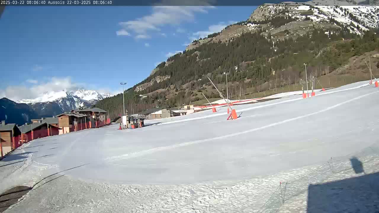 A snow-covered ski slope is situated below a mountainside of evergreen trees under a mostly sunny sky.