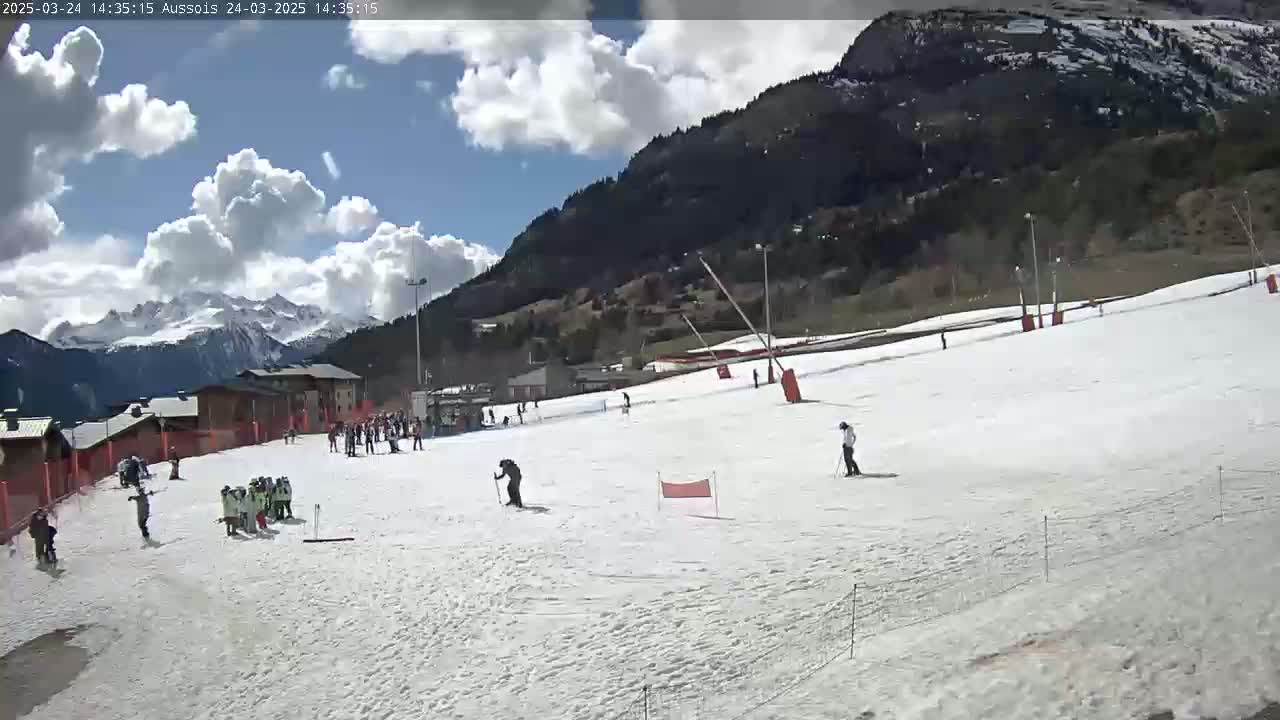 A snowy ski slope with several skiers and snowboarders, partially cloudy skies, and a mountain range in the background.