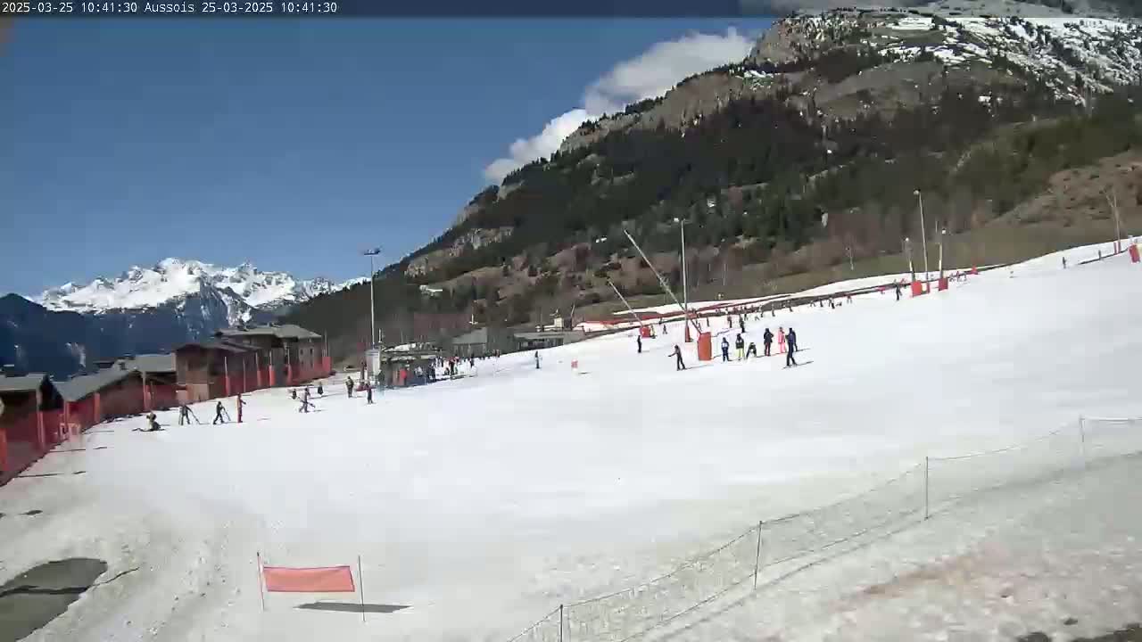 A mostly sunny day shows skiers and snowboarders on a snow-covered slope, with mountains in the background.