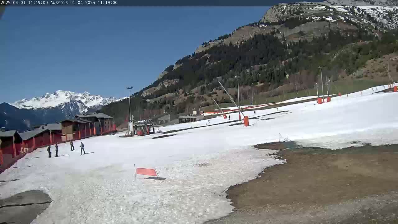 A mostly sunny day at a snow-covered ski resort with a few people skiing and snowboarding on the slopes, backed by a mountain range.