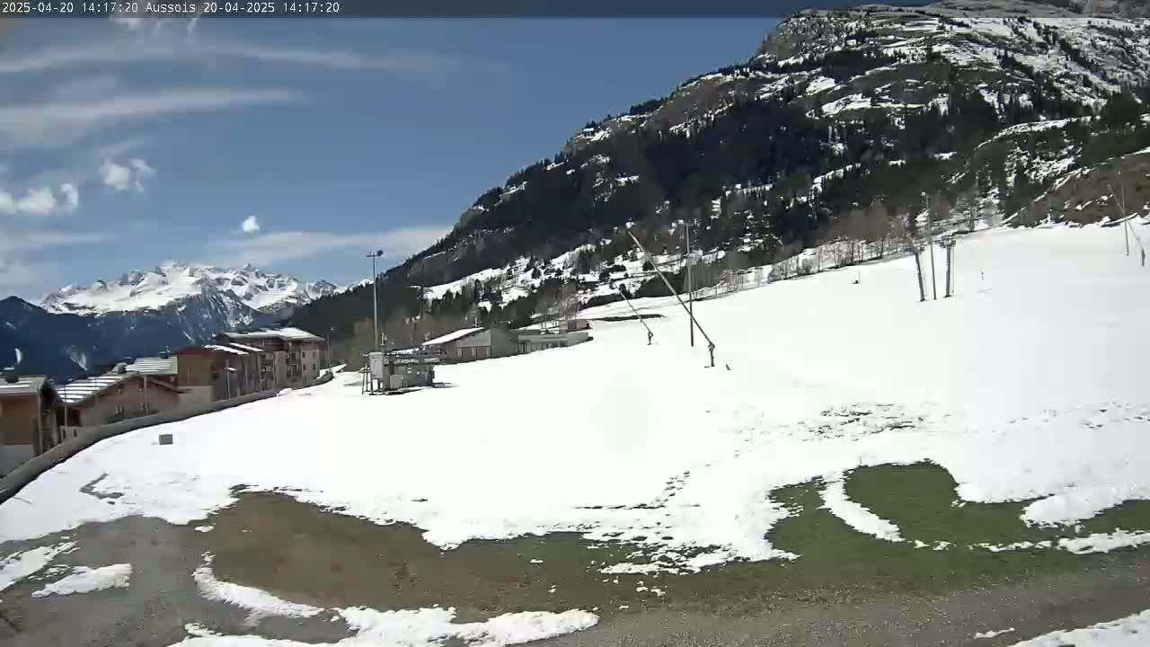 A partly sunny day in a snow-covered mountain resort area shows a village, ski lifts, and patches of green grass peeking through the snow.