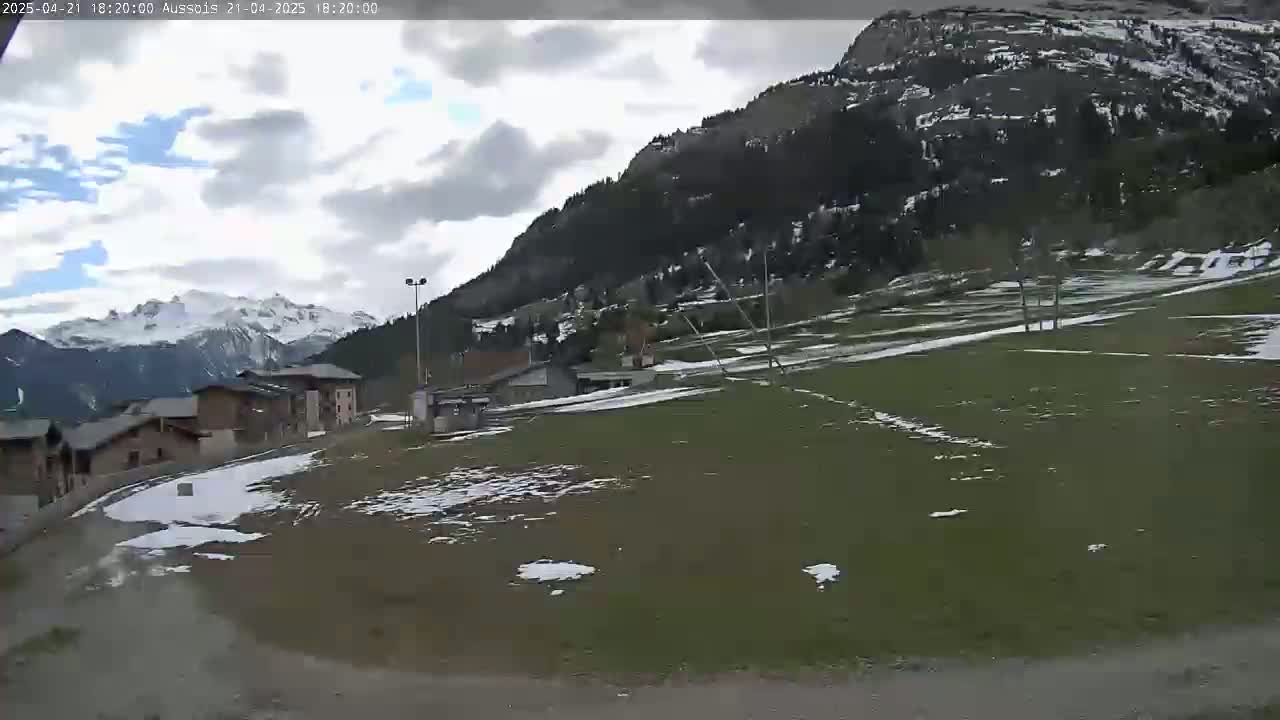 A partly cloudy day reveals a village nestled at the base of a snow-capped mountain range, with patches of snow remaining on the ground.