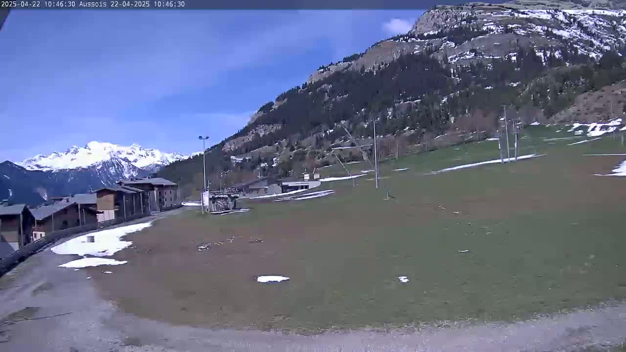 A mostly sunny day in a mountainous area shows a grassy field with patches of snow, several buildings, and snow-capped mountains in the distance.