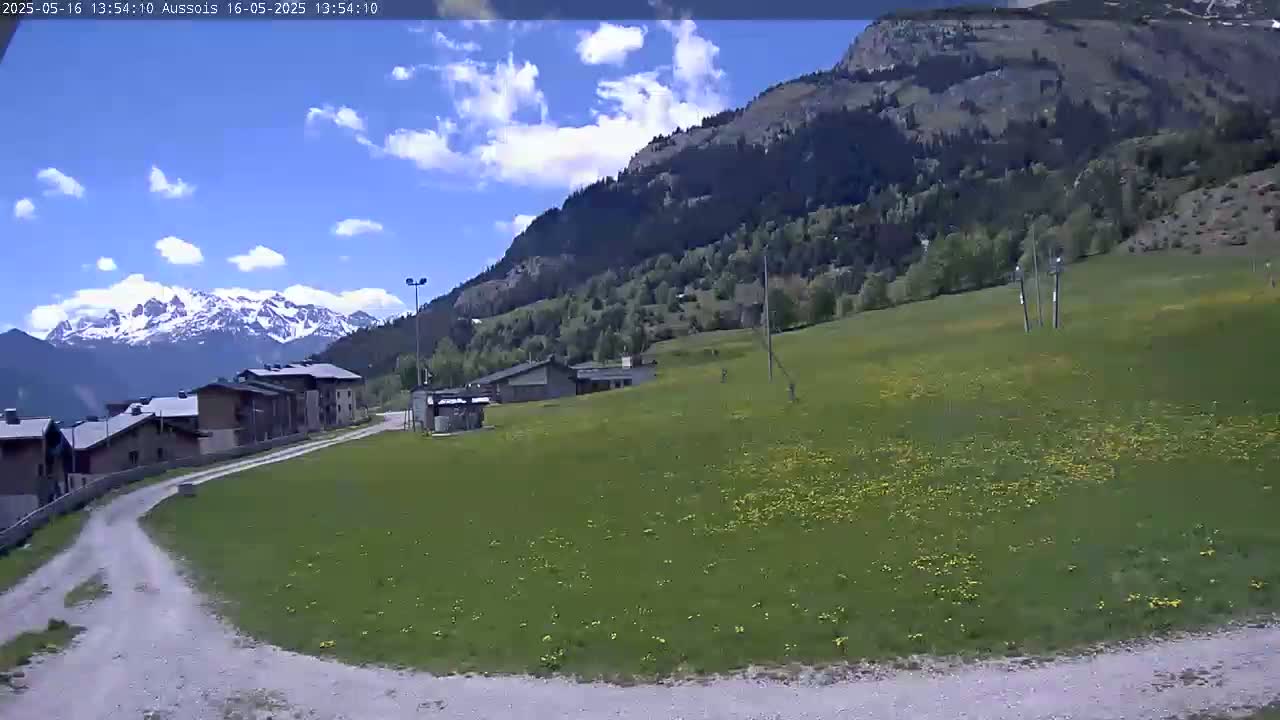 A grassy field dotted with yellow wildflowers stretches out before a cluster of buildings, nestled against a mountainside under a partly cloudy blue sky.