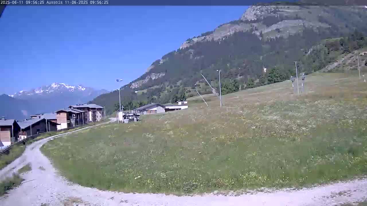 A dirt road winds through a grassy field toward buildings and a mountainside under a clear blue sky.