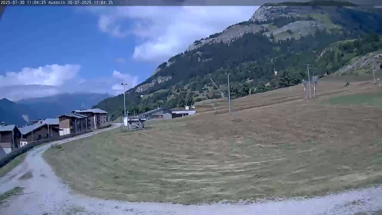 A partly cloudy day shows a mountainside with a row of buildings and a dirt road leading to it.