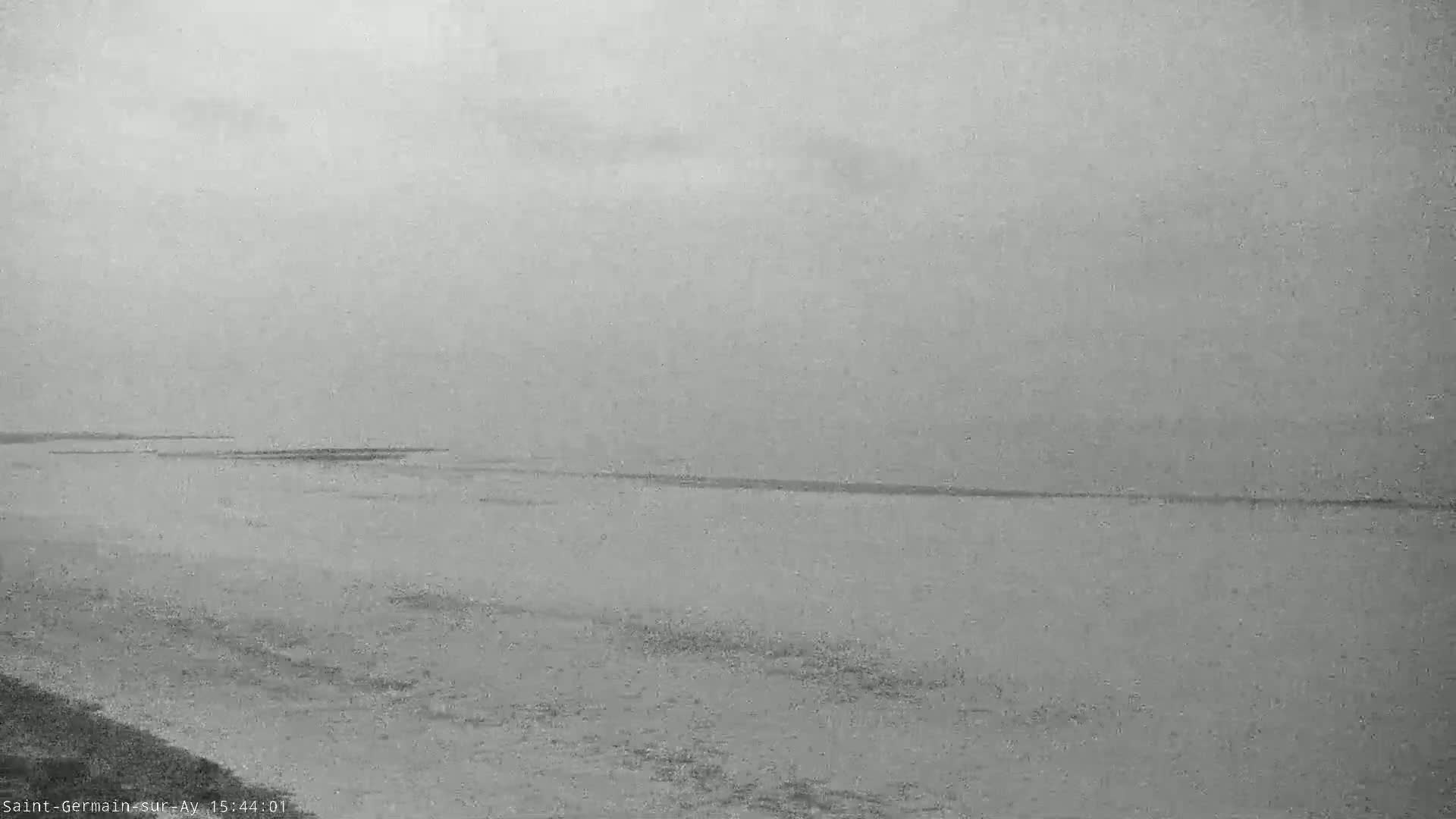 A grayscale image shows a beach and calm water under an overcast sky.