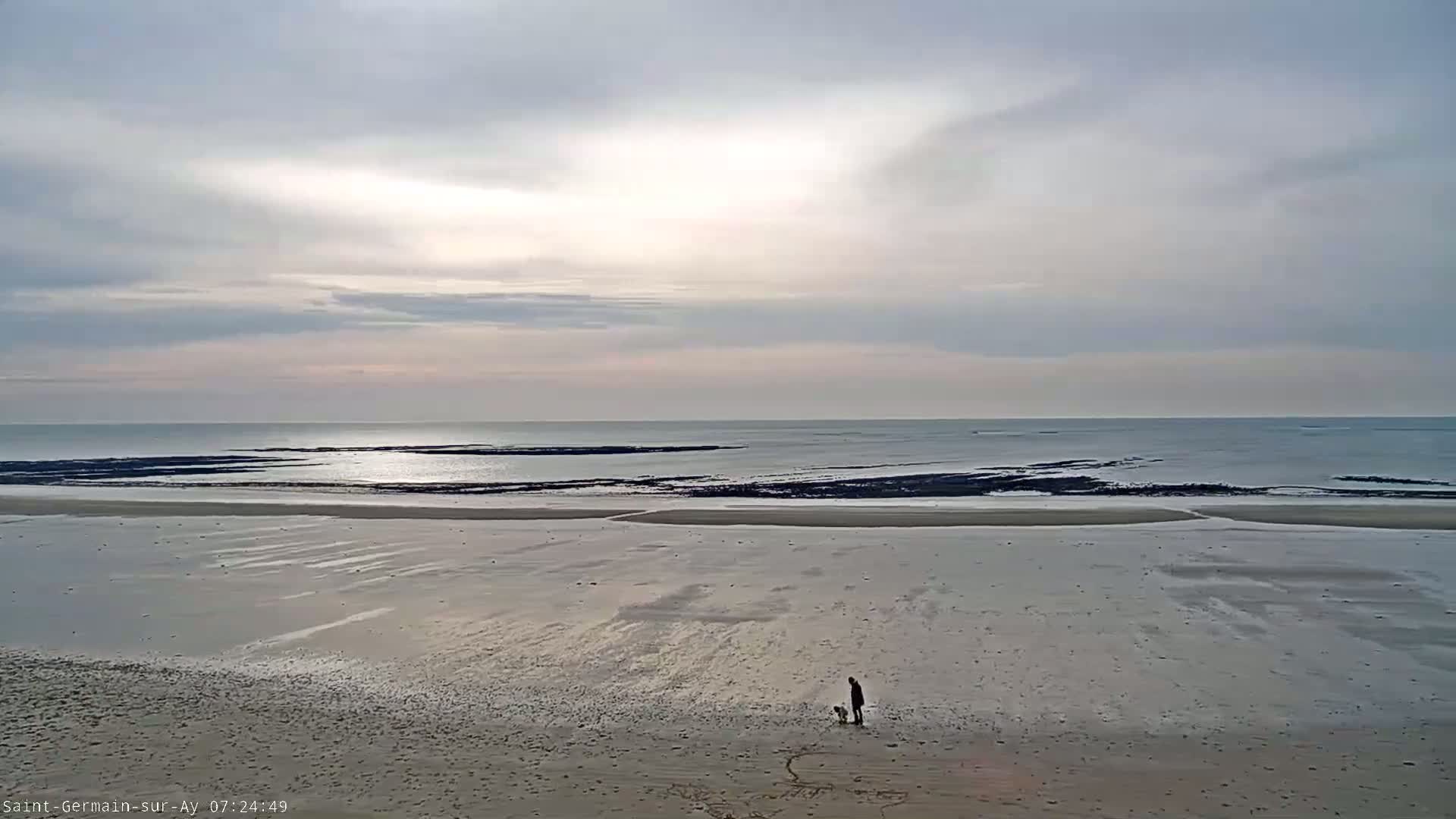 A person walks a dog on a wide, sandy beach under a mostly cloudy sky.