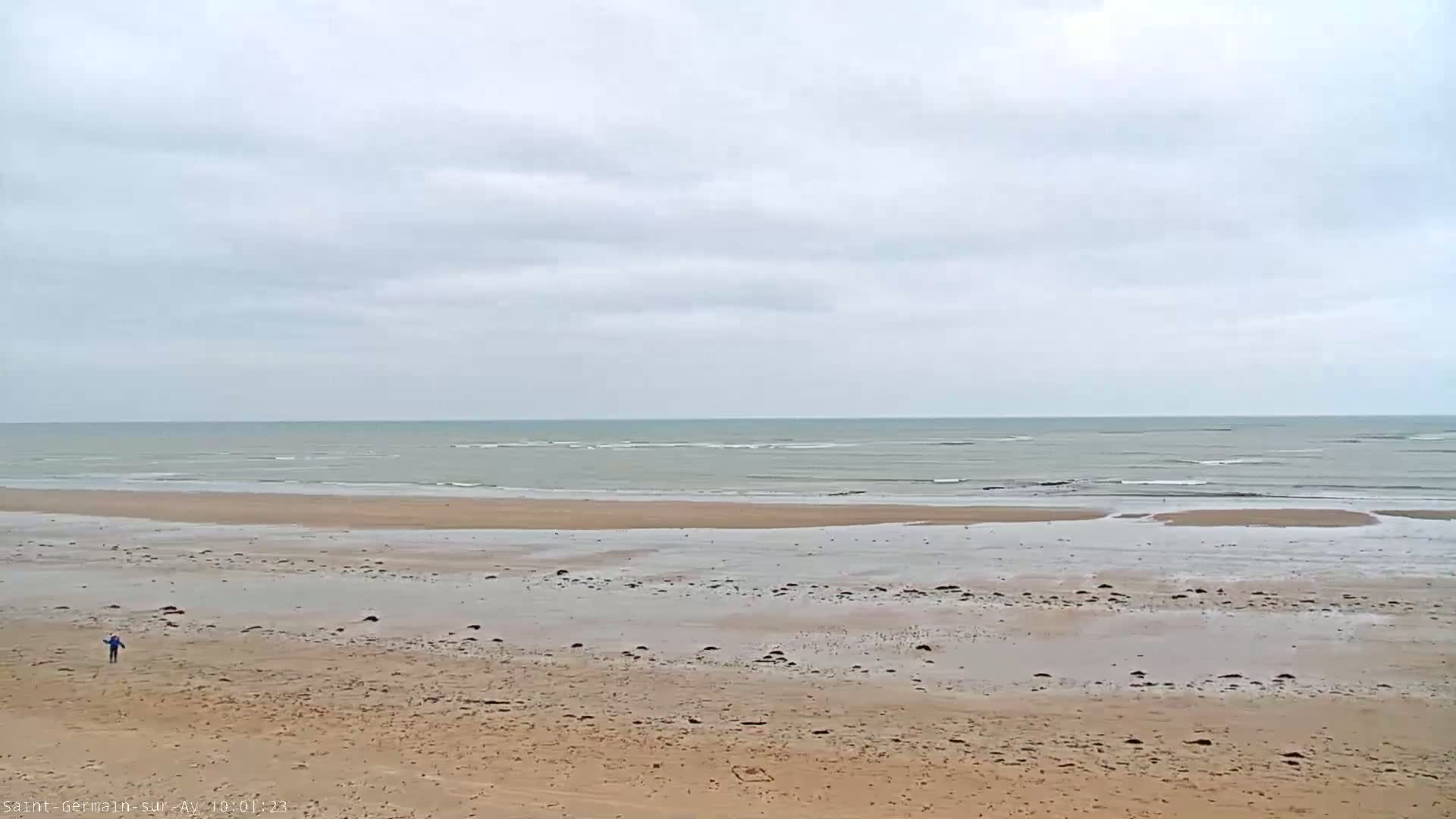 A person stands on a wide, sandy beach under an overcast sky, facing a calm, gray sea.