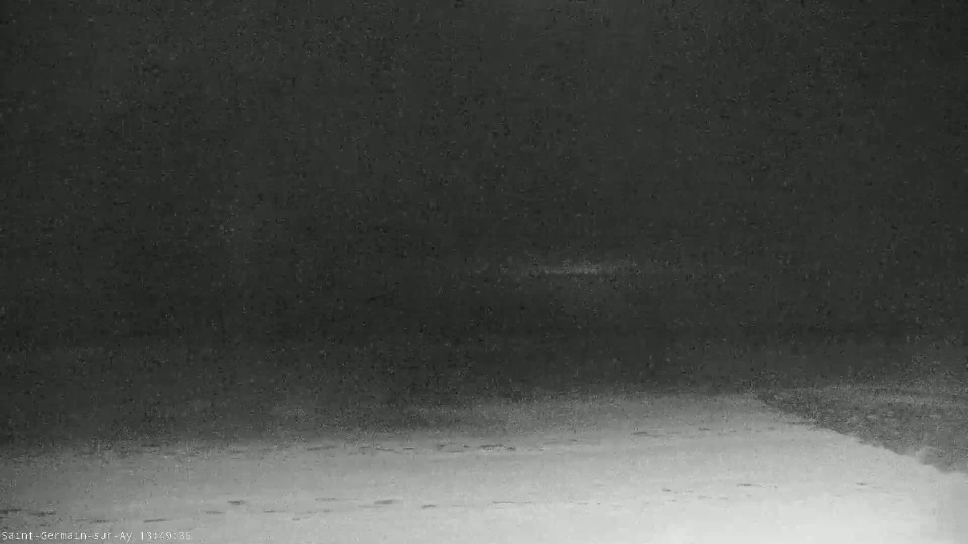 A snow-covered ground is visible under a dark, nighttime sky with falling snow.