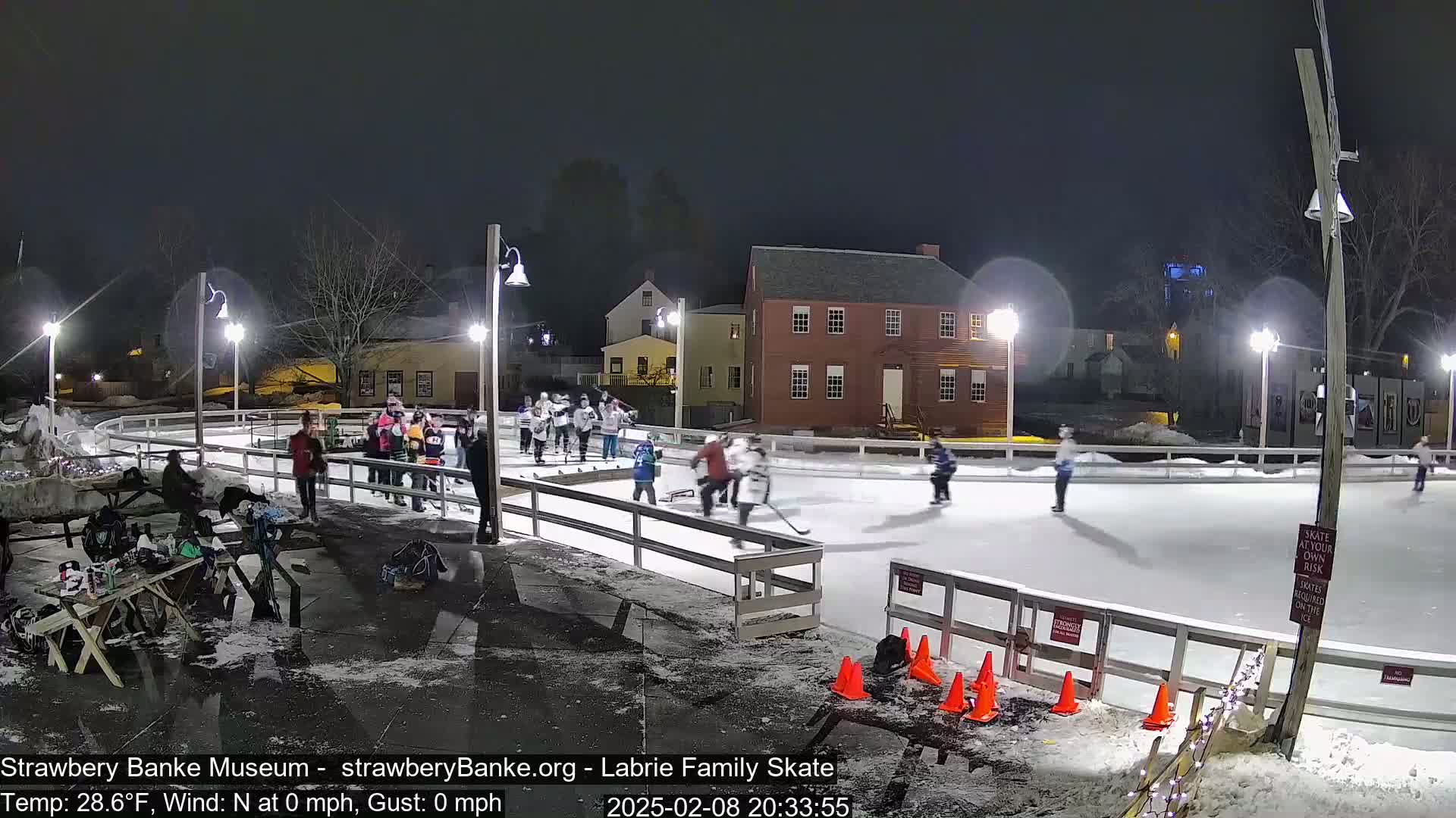 At night, under a clear sky, people ice skate on an outdoor rink illuminated by lampposts, with several people standing near the rink's edge.