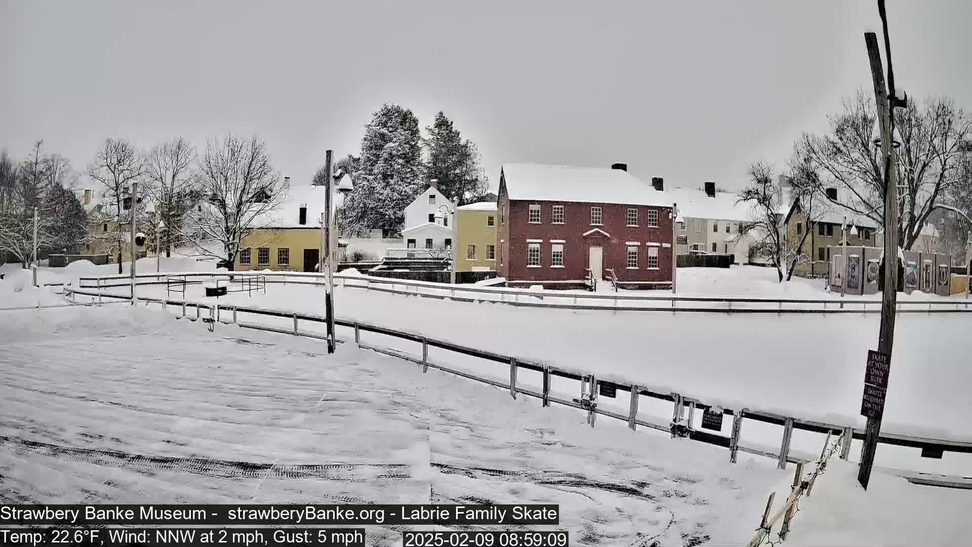 A snow-covered outdoor ice rink is surrounded by snow-covered historical buildings under a gray, overcast sky.